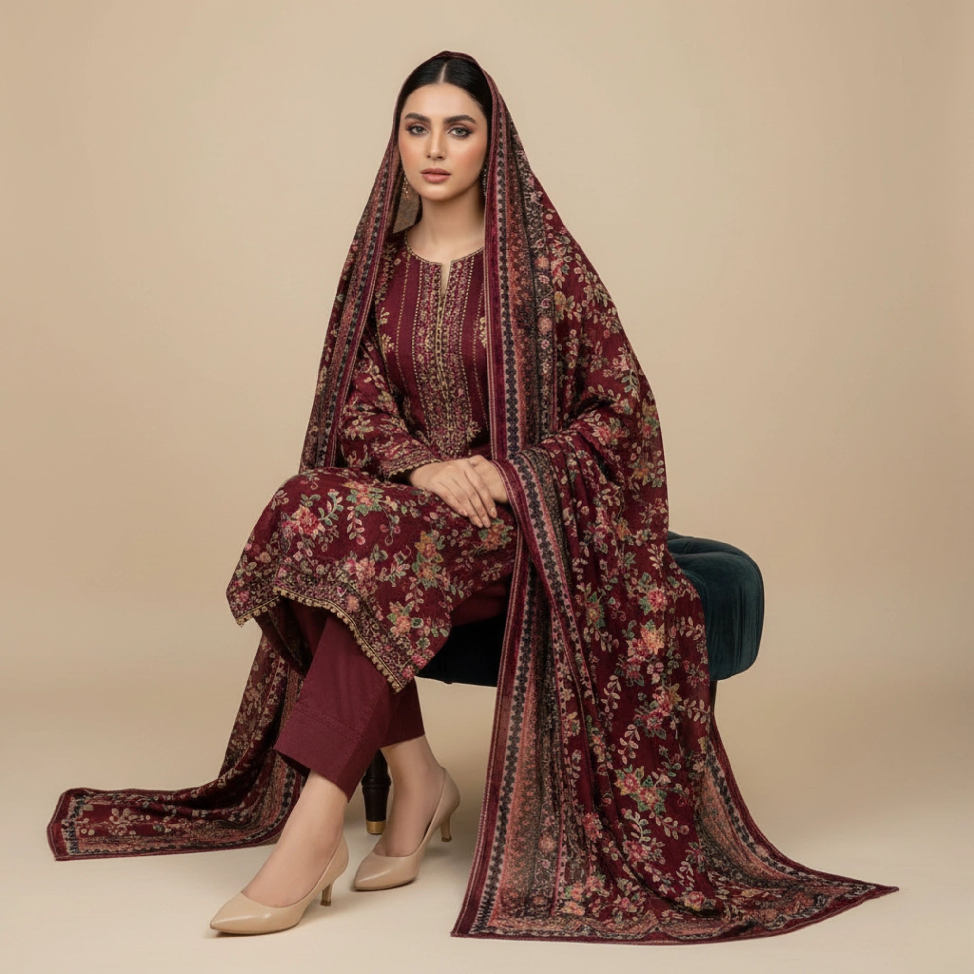 Maroon Palachi 3 Piece Unstitched Suit - Insaf Fabrics