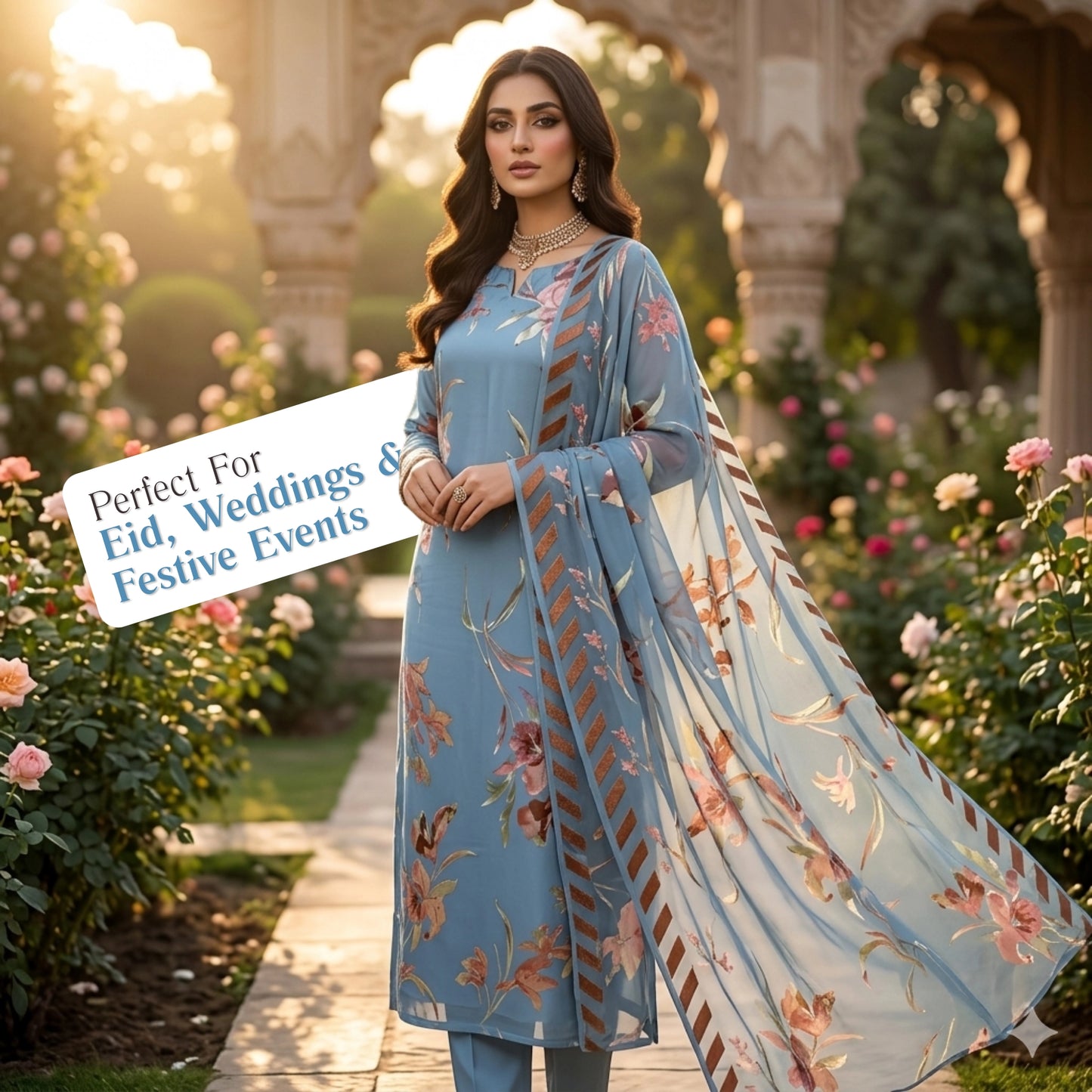 Sky Blue Floral Barosha Silk 3 Piece Unstitched Suit