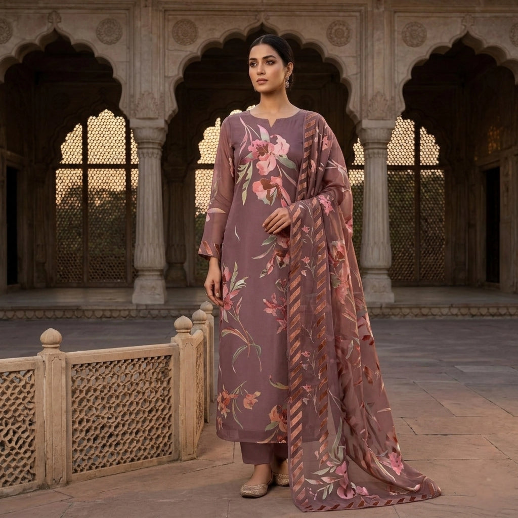 Dusty Mauve Floral Barosha Silk 3 Piece Unstitched Suit