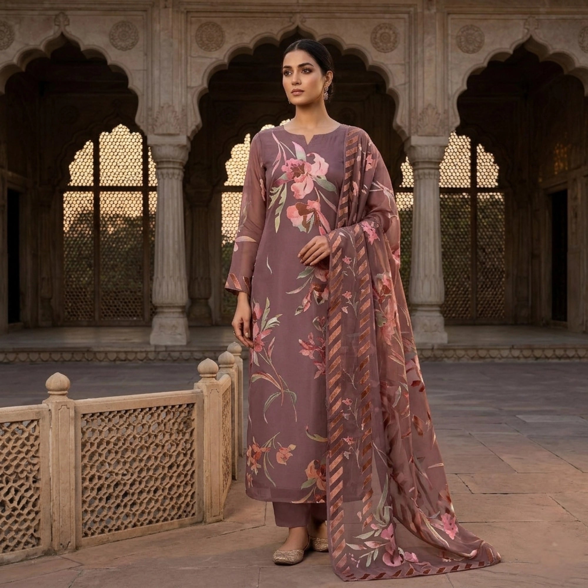 Dusty Mauve Floral Barosha Silk 3 Piece Unstitched Suit