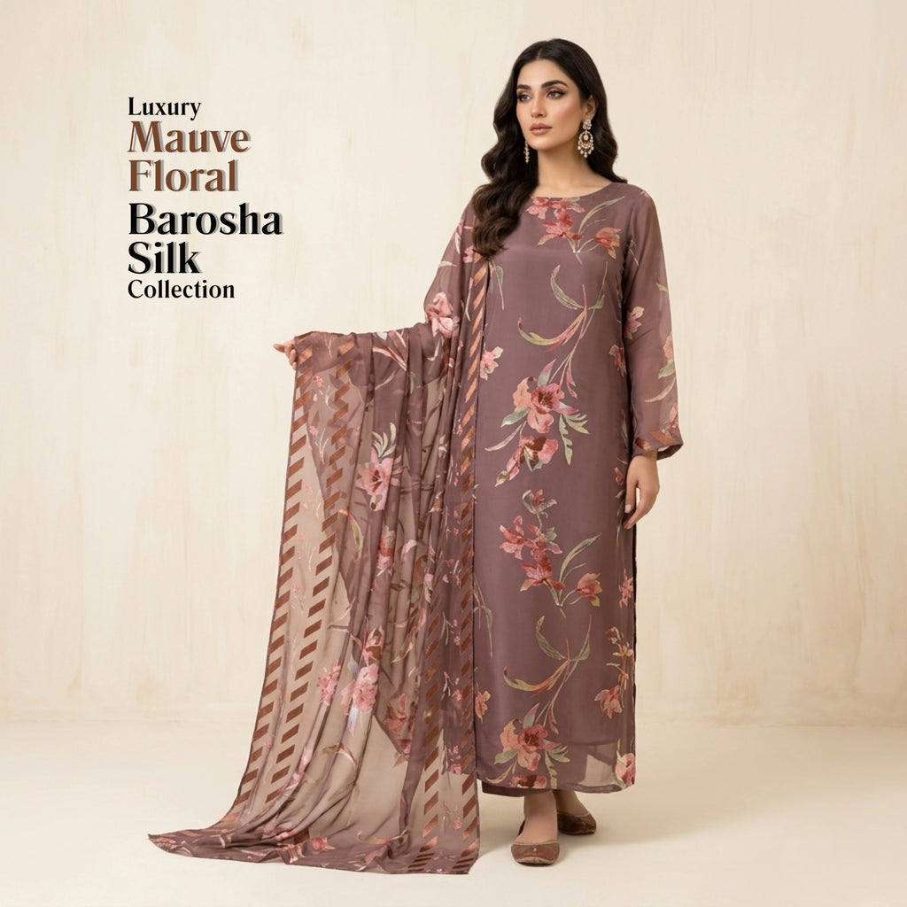 Dusty Mauve Floral Barosha Silk 3 Piece Unstitched Suit