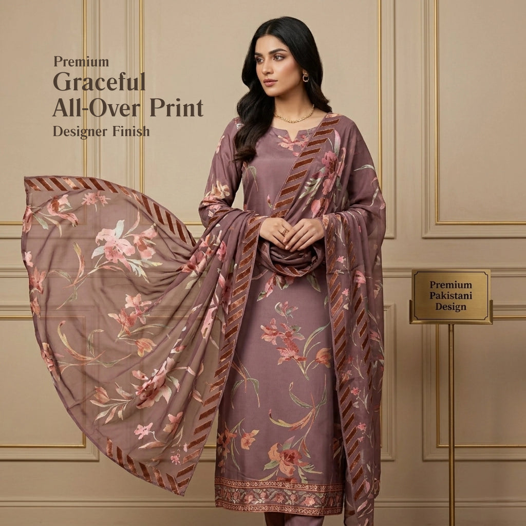 Dusty Mauve Floral Barosha Silk 3 Piece Unstitched Suit