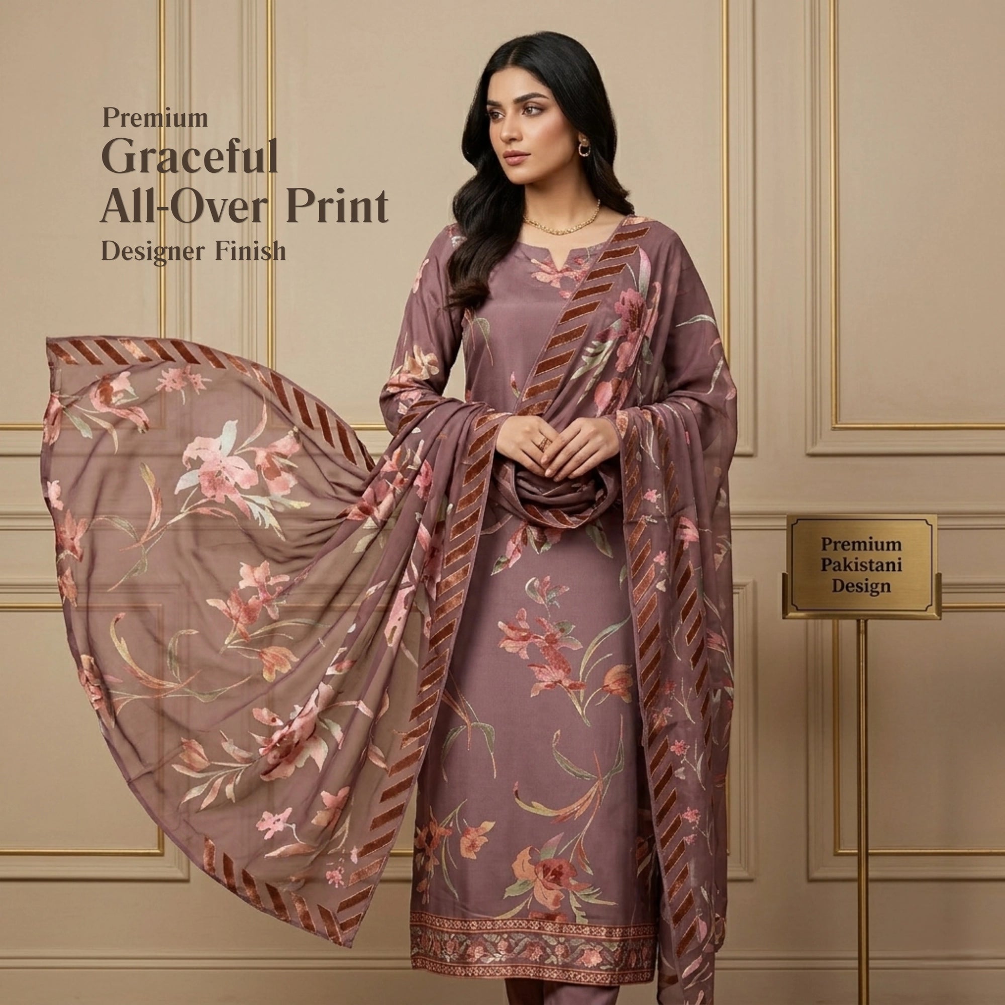 Dusty Mauve Floral Barosha Silk 3 Piece Unstitched Suit