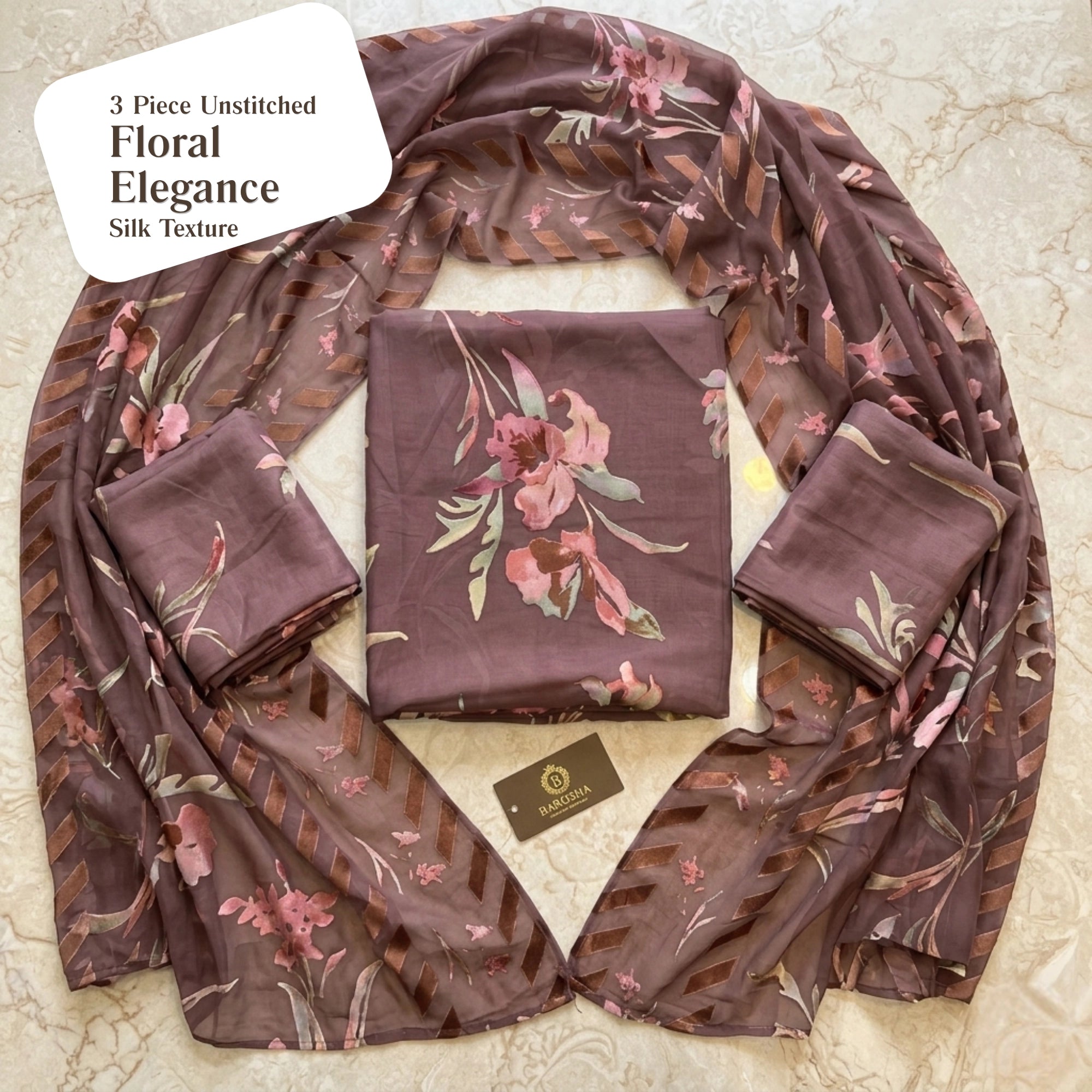 Dusty Mauve Floral Barosha Silk 3 Piece Unstitched Suit