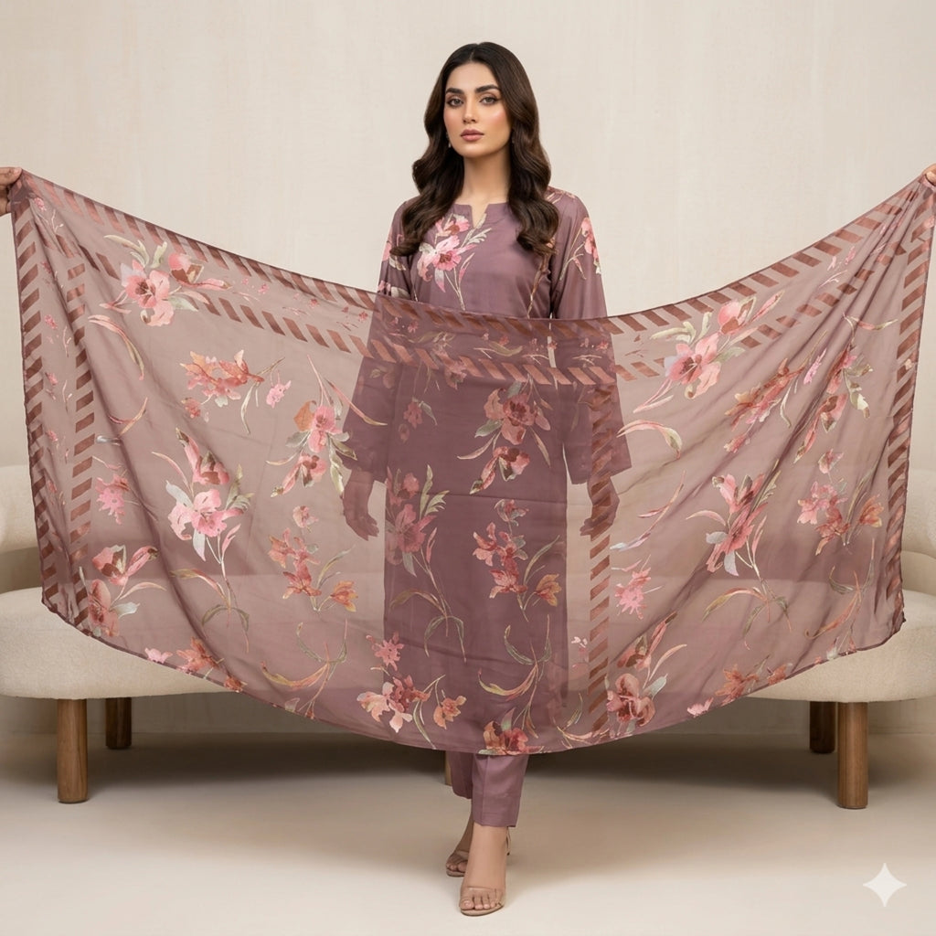 Dusty Mauve Floral Barosha Silk 3 Piece Unstitched Suit