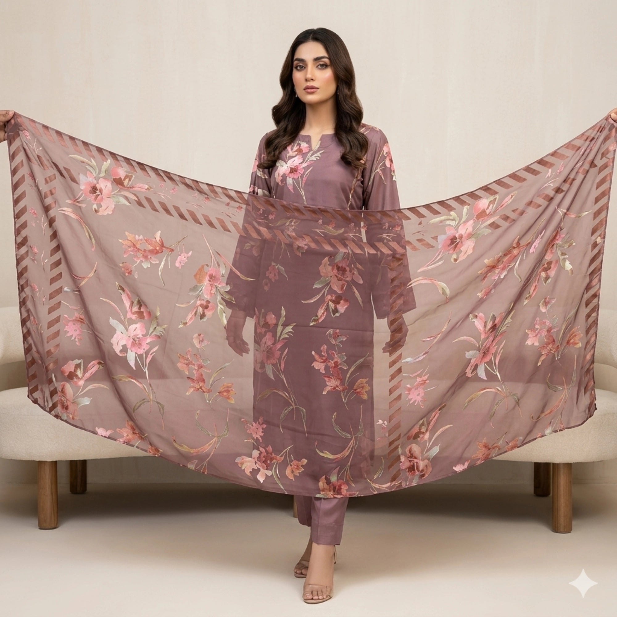 Dusty Mauve Floral Barosha Silk 3 Piece Unstitched Suit