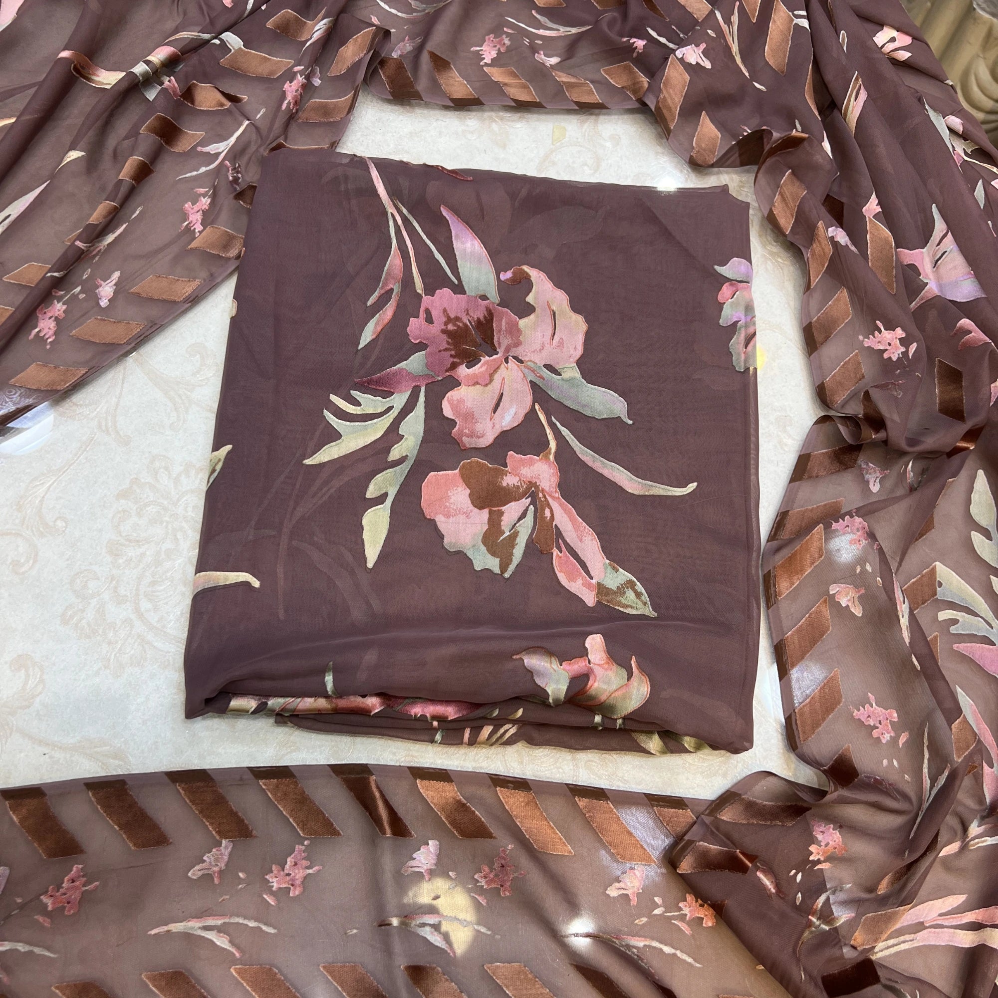 Dusty Mauve Floral Barosha Silk 3 Piece Unstitched Suit