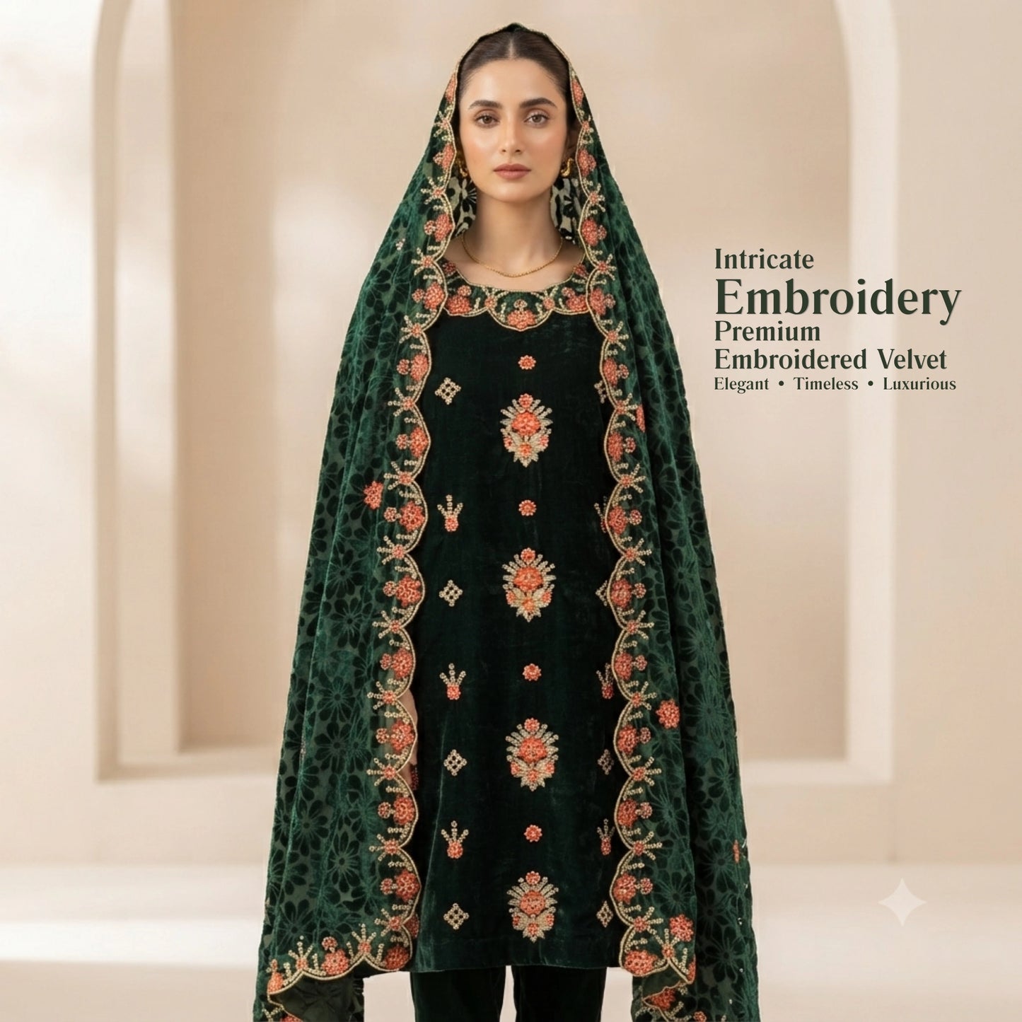 Emerald Green Embroidered Velvet 3 Piece Unstitched Suit