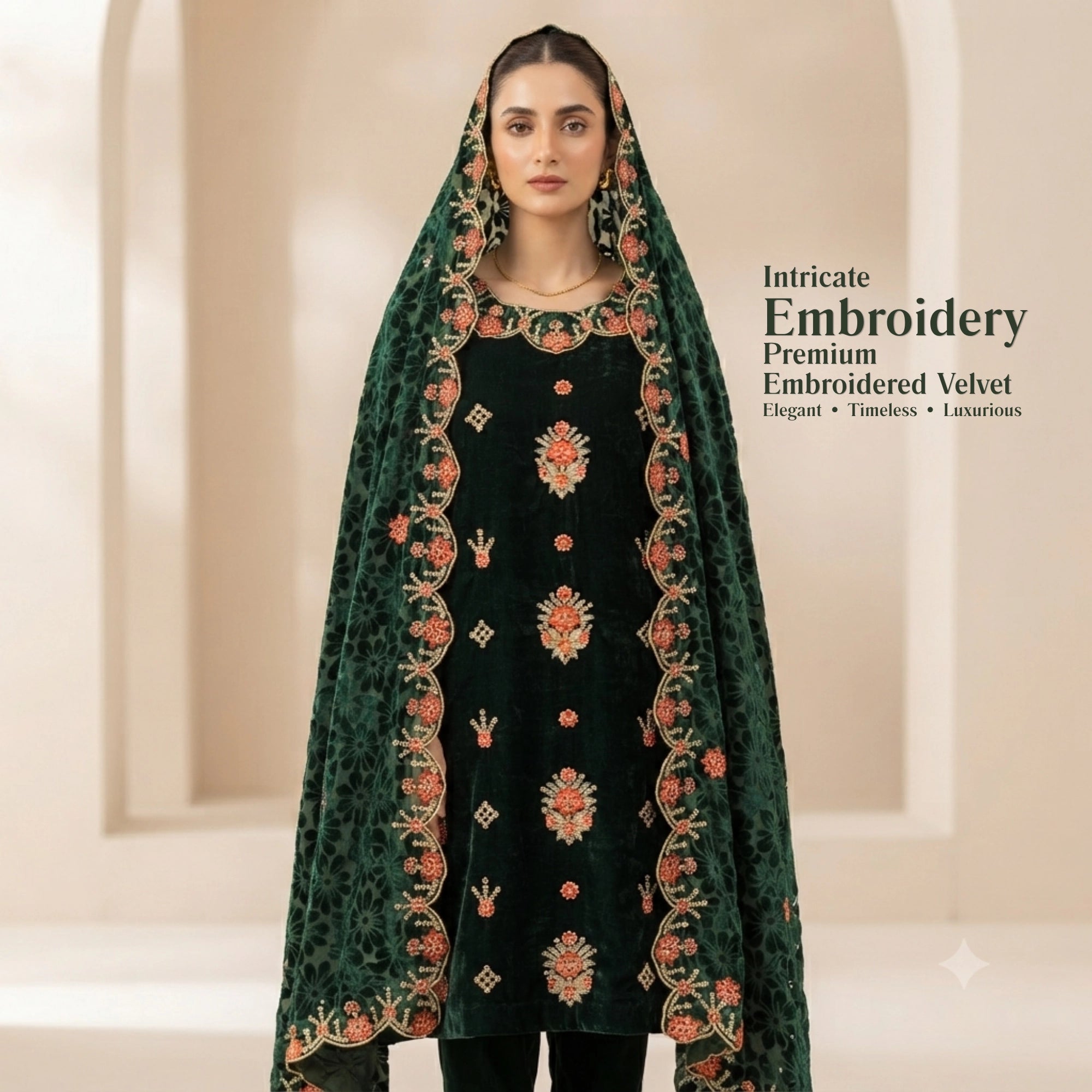 Emerald Green Embroidered Velvet 3 Piece Unstitched Suit
