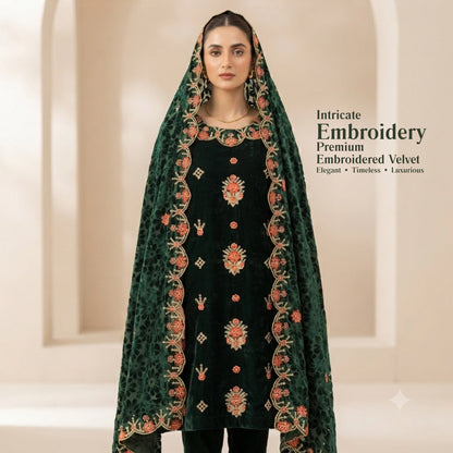 Emerald Green Embroidered Velvet 3 Piece Unstitched Suit