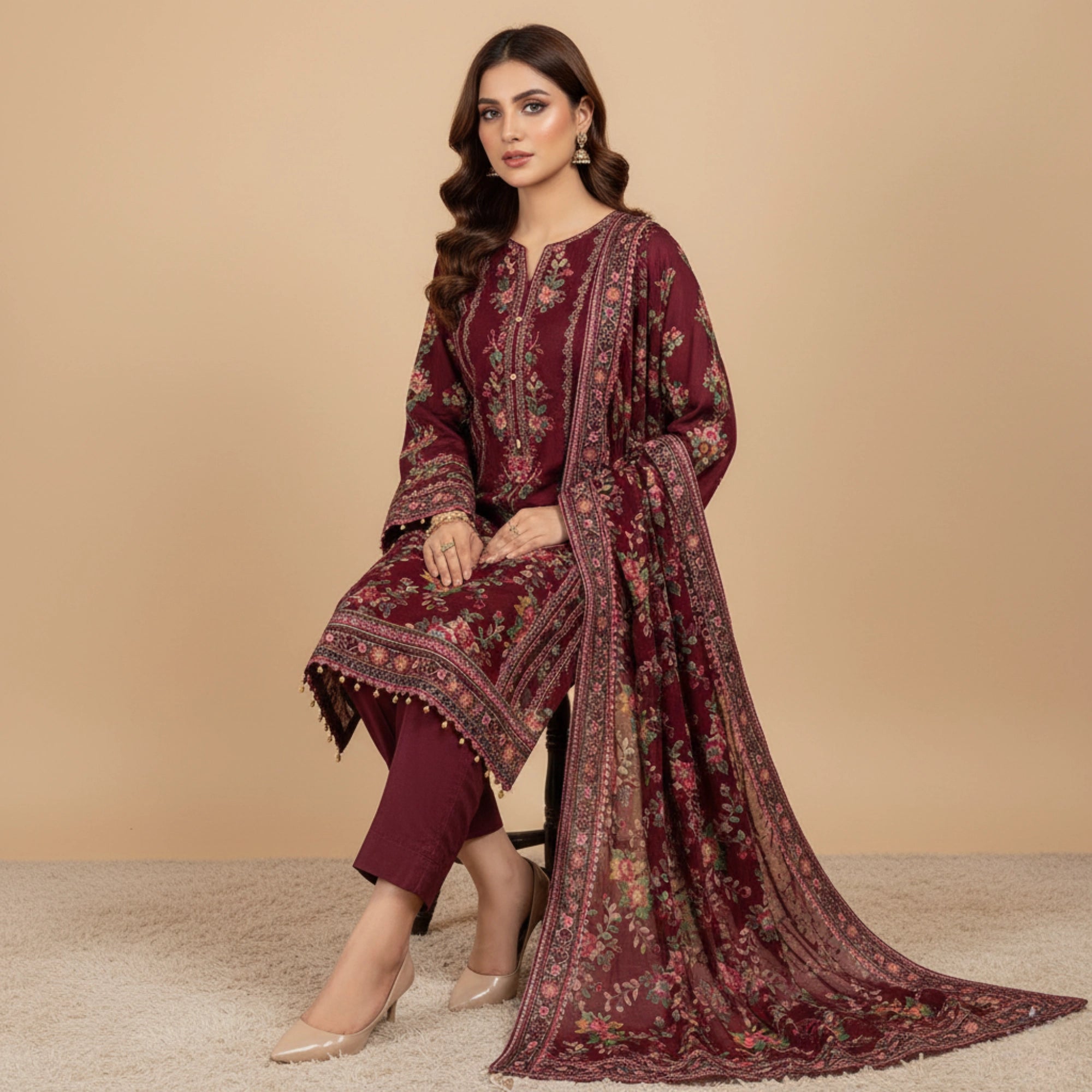 Maroon Palachi 3 Piece Unstitched Suit - Insaf Fabrics