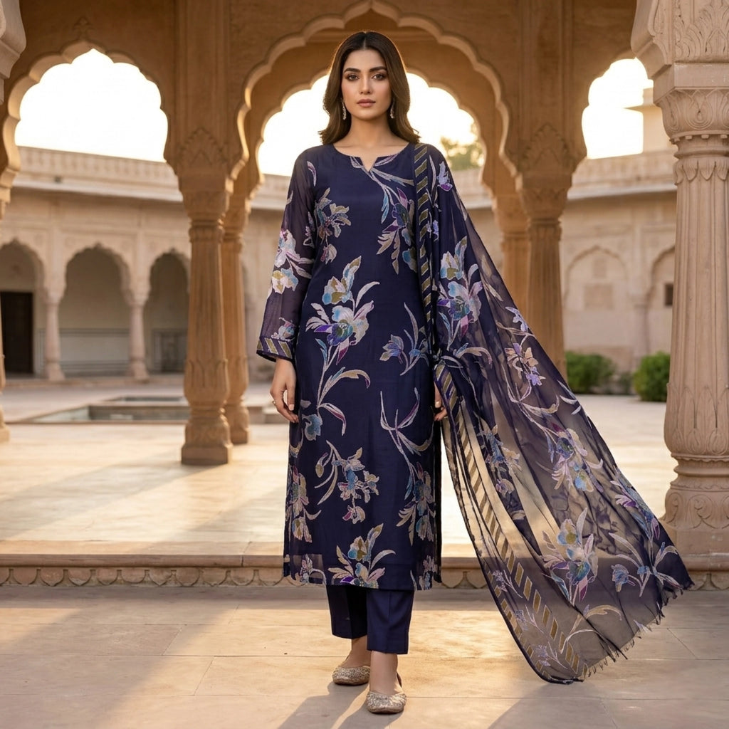 Midnight Navy Blue Floral Barosha Silk 3 Piece Unstitched Suit
