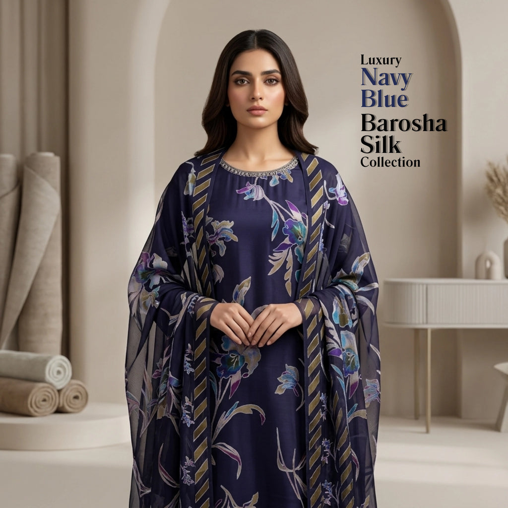 Midnight Navy Blue Floral Barosha Silk 3 Piece Unstitched Suit