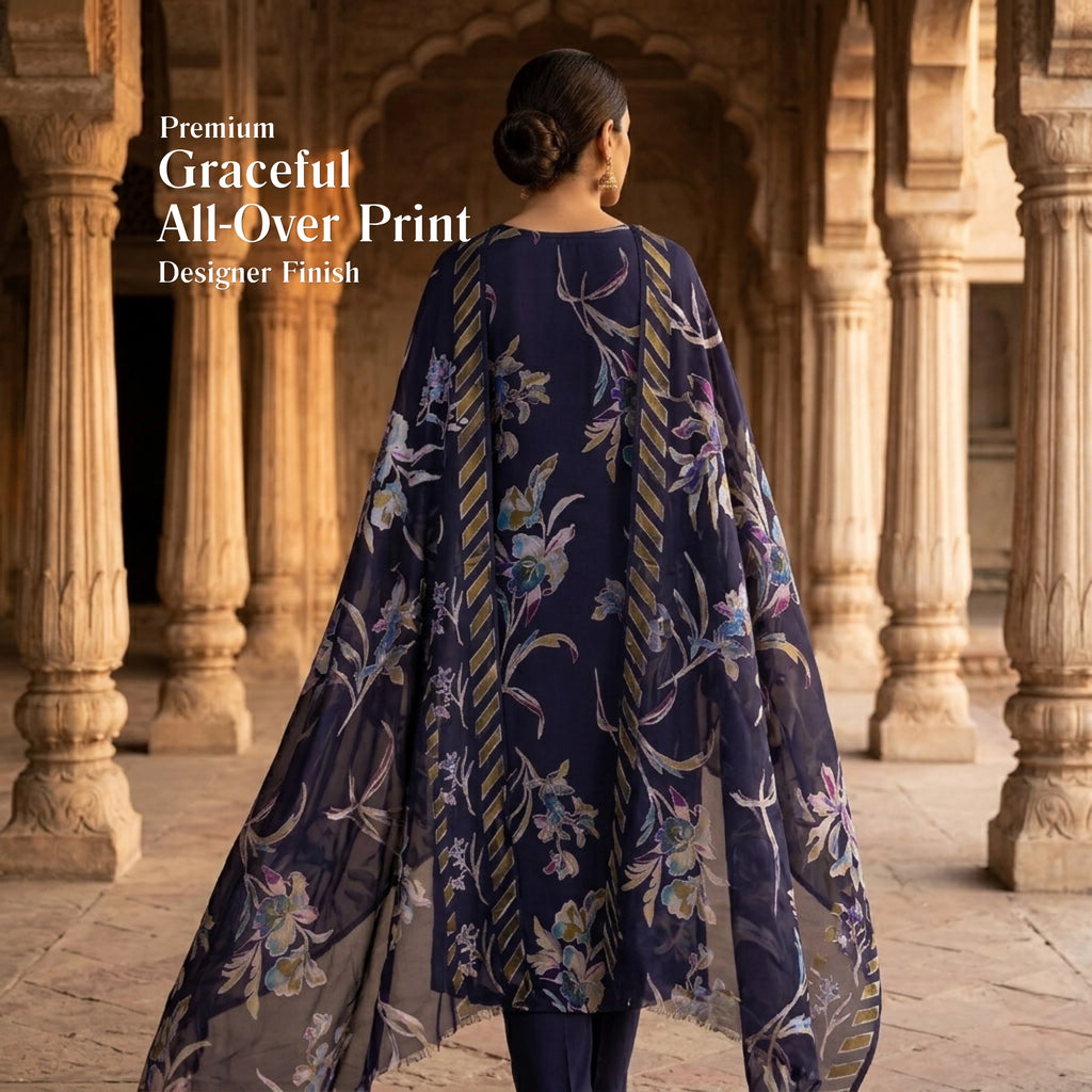 Midnight Navy Blue Floral Barosha Silk 3 Piece Unstitched Suit