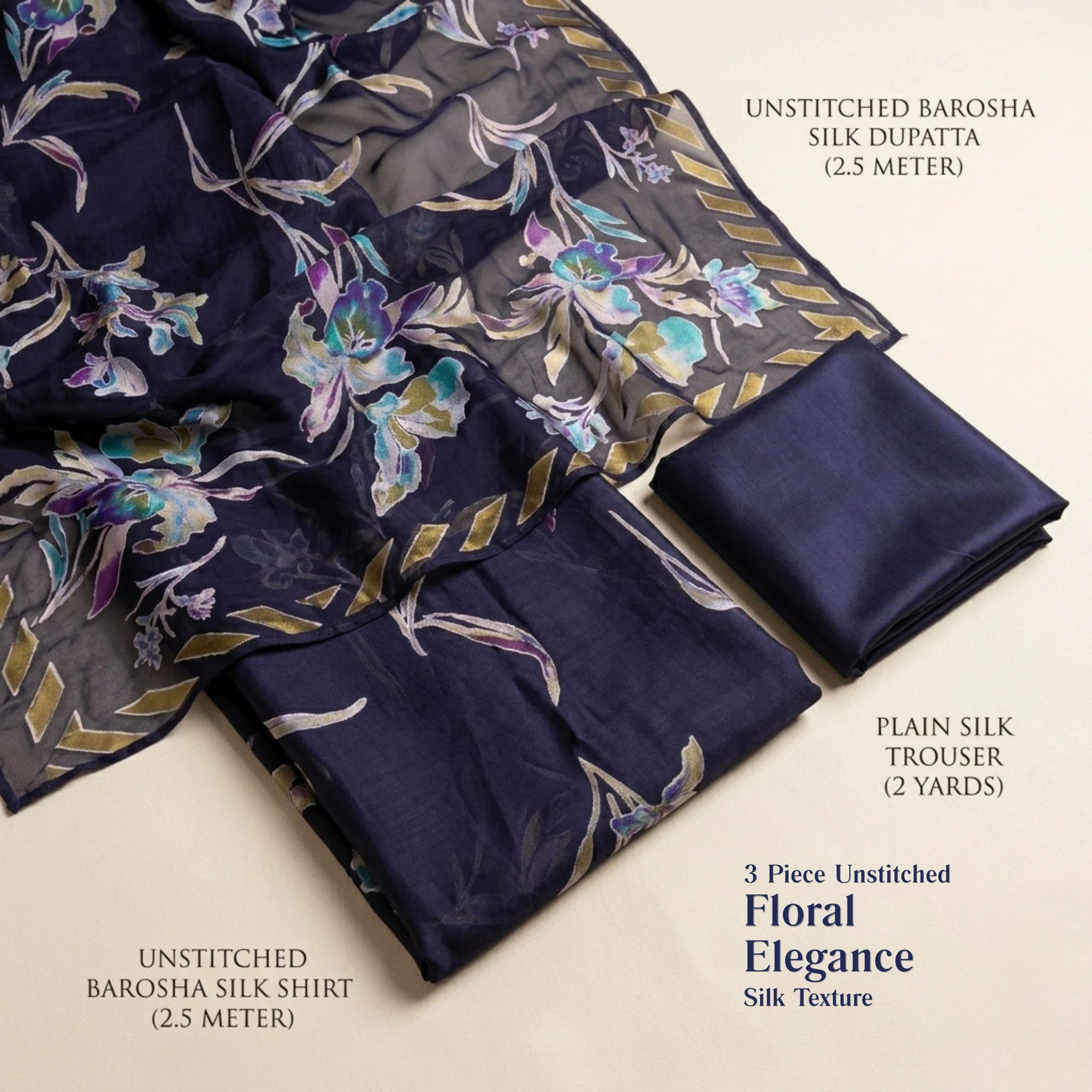 Midnight Navy Blue Floral Barosha Silk 3 Piece Unstitched Suit