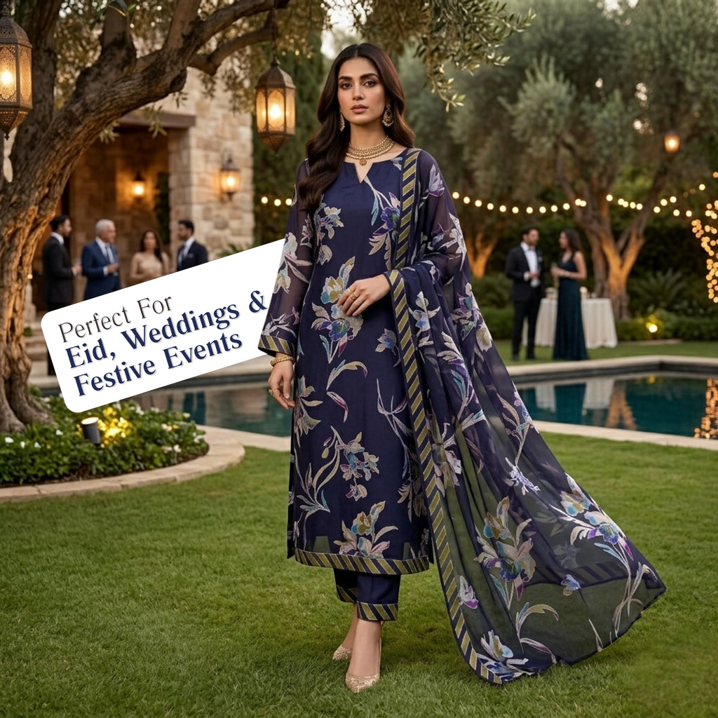 Midnight Navy Blue Floral Barosha Silk 3 Piece Unstitched Suit