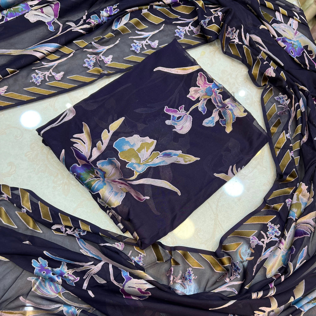 Midnight Navy Blue Floral Barosha Silk 3 Piece Unstitched Suit