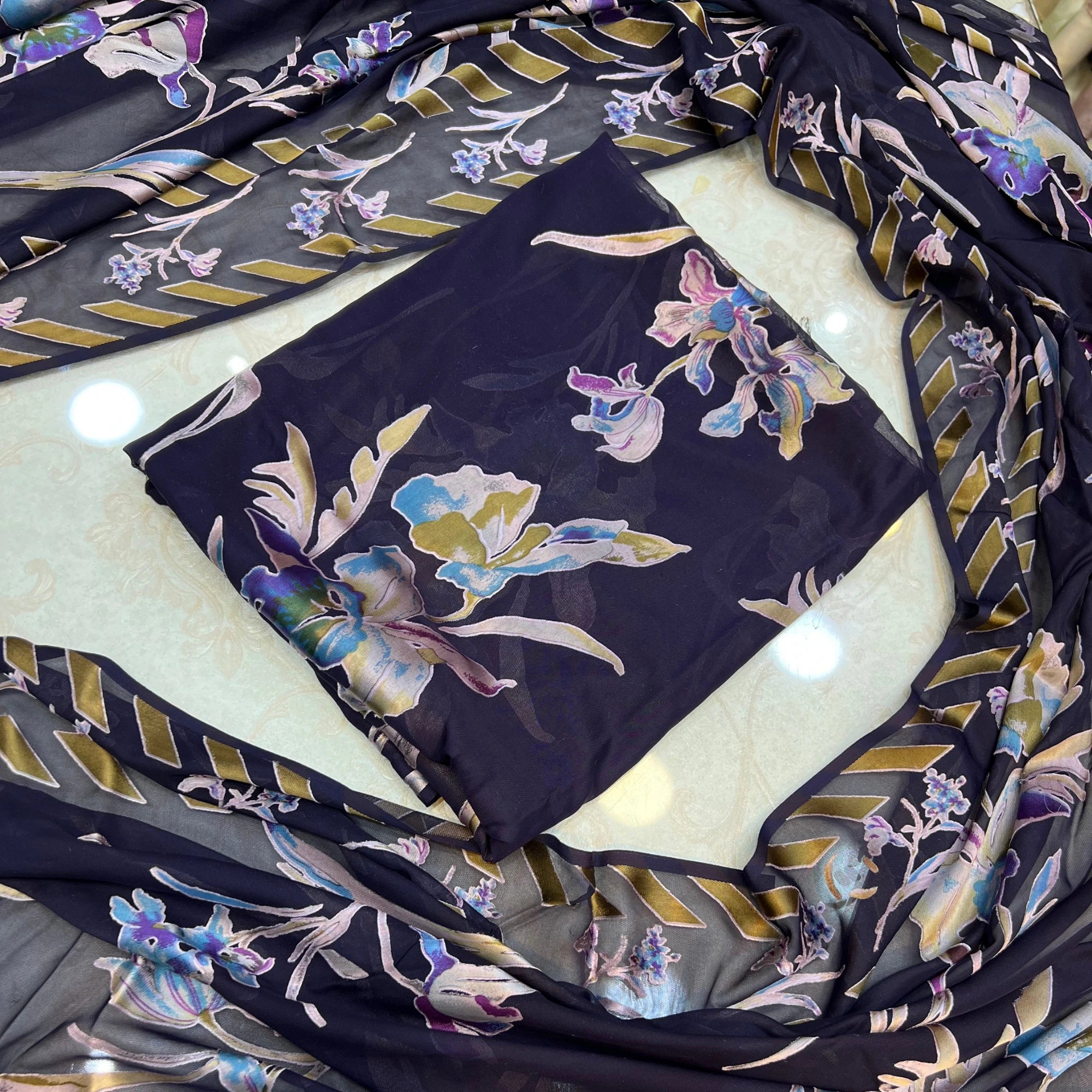Midnight Navy Blue Floral Barosha Silk 3 Piece Unstitched Suit