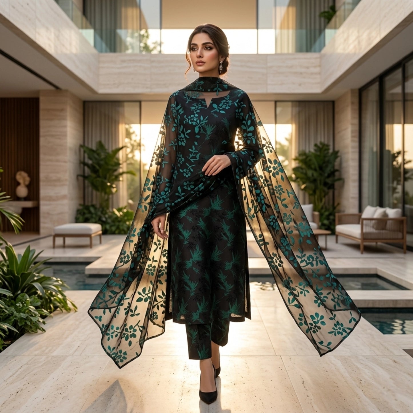 Black & Teal Floral Pure China Pati Silk 3 Piece Unstitched Suit
