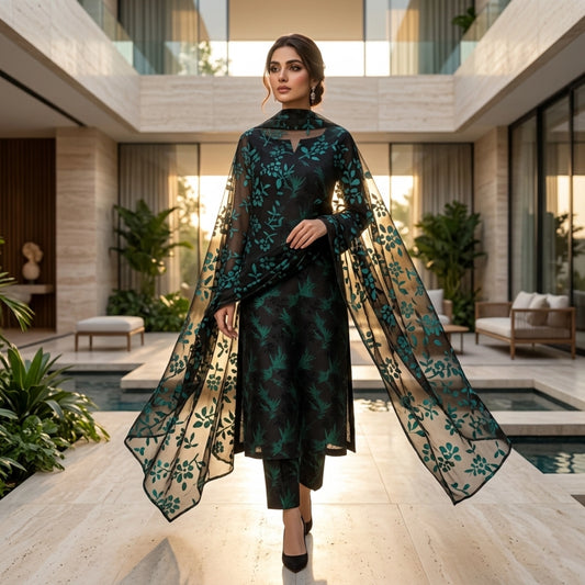 Black & Teal Floral Pure China Pati Silk 3 Piece Unstitched Suit