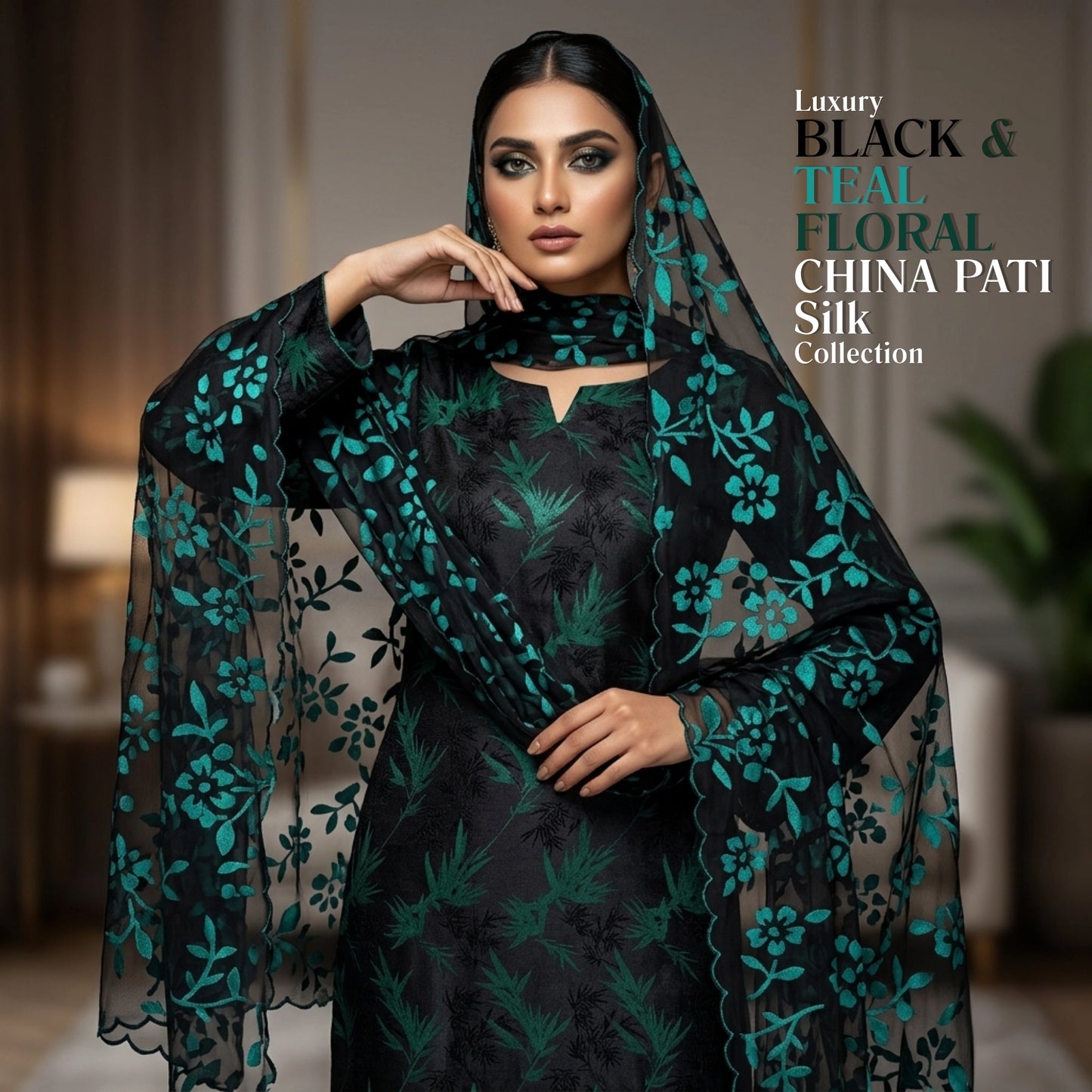 Black & Teal Floral Pure China Pati Silk 3 Piece Unstitched Suit