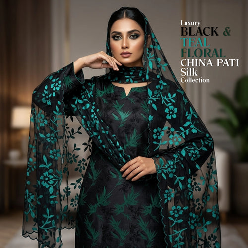 Black & Teal Floral Pure China Pati Silk 3 Piece Unstitched Suit