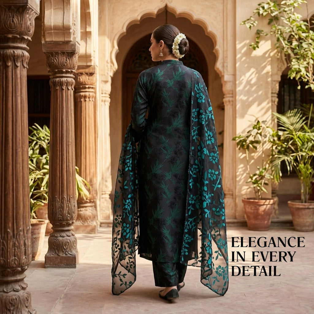 Black & Teal Floral Pure China Pati Silk 3 Piece Unstitched Suit