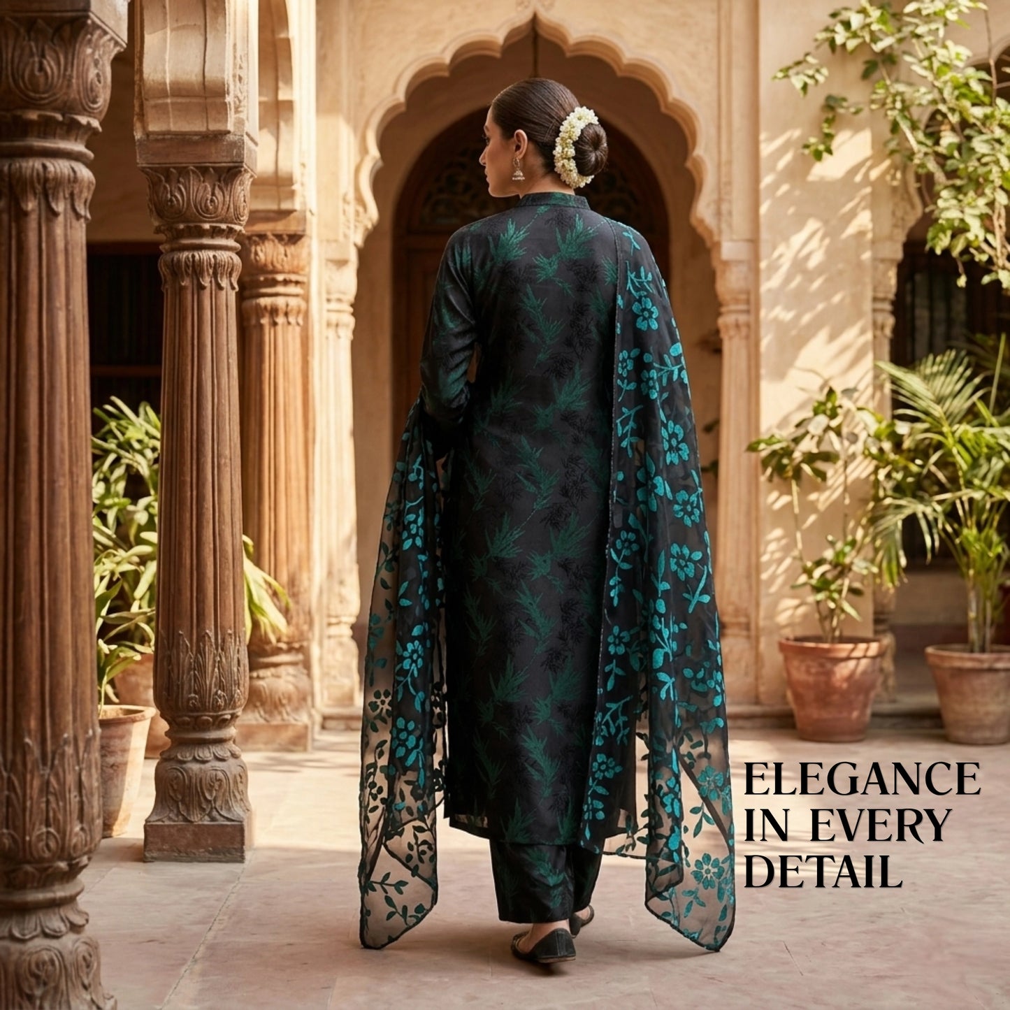 Black & Teal Floral Pure China Pati Silk 3 Piece Unstitched Suit