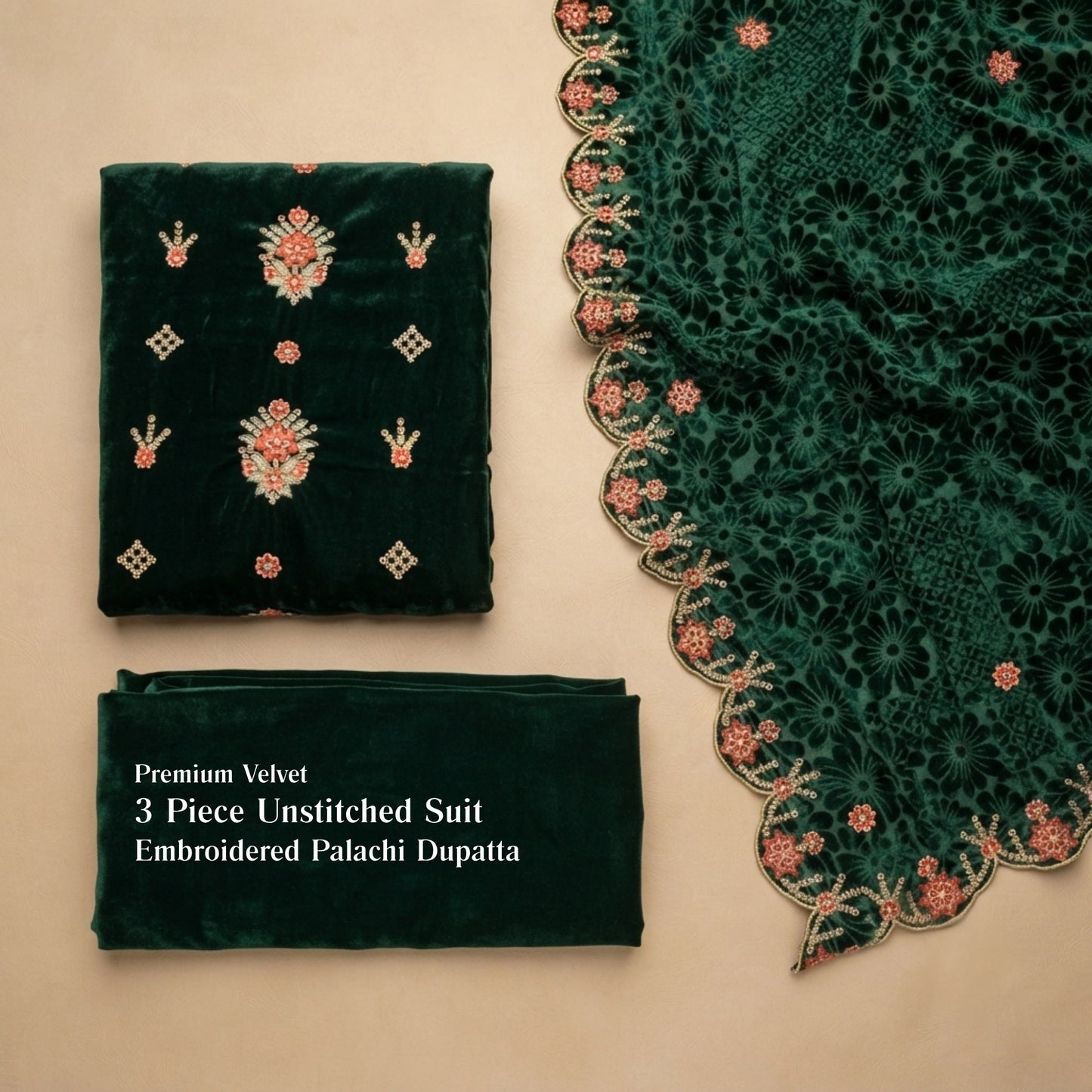 Emerald Green Embroidered Velvet 3 Piece Unstitched Suit