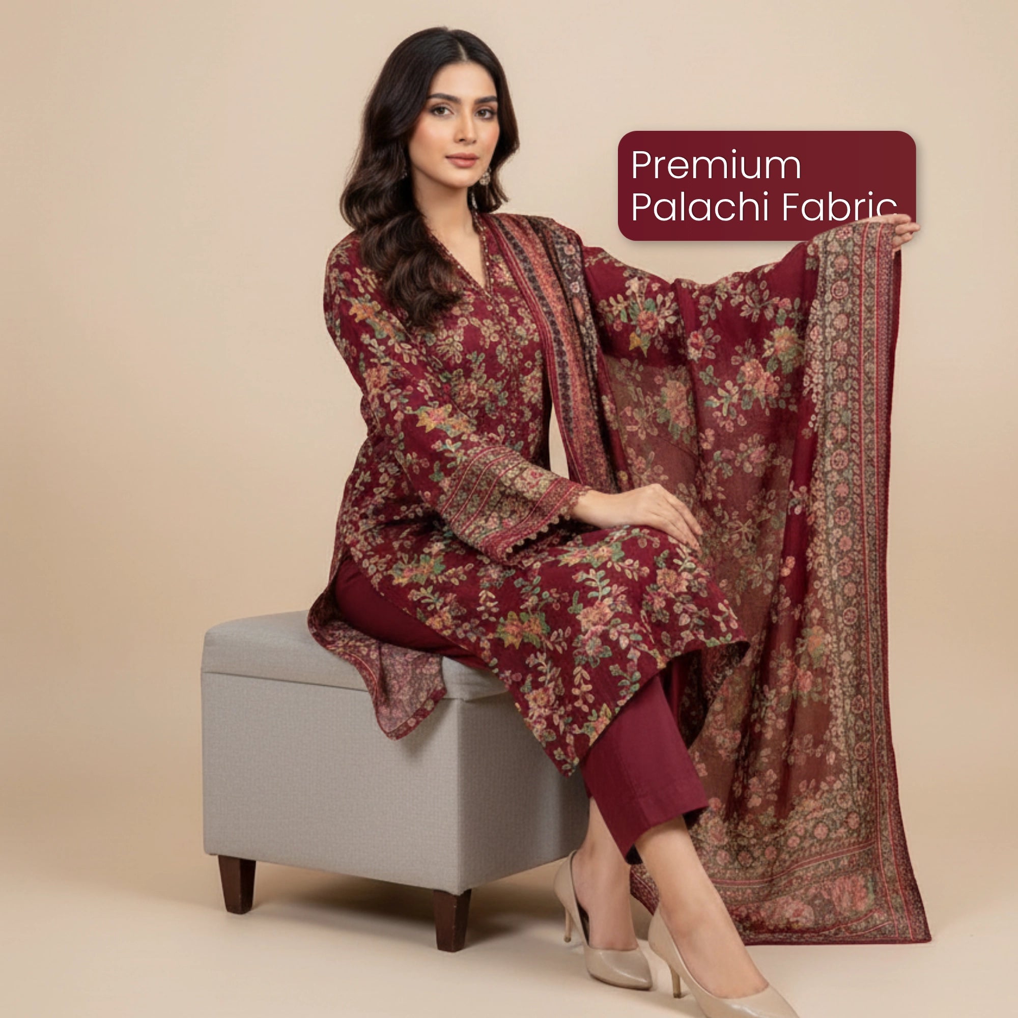 Maroon Palachi 3 Piece Unstitched Suit - Insaf Fabrics