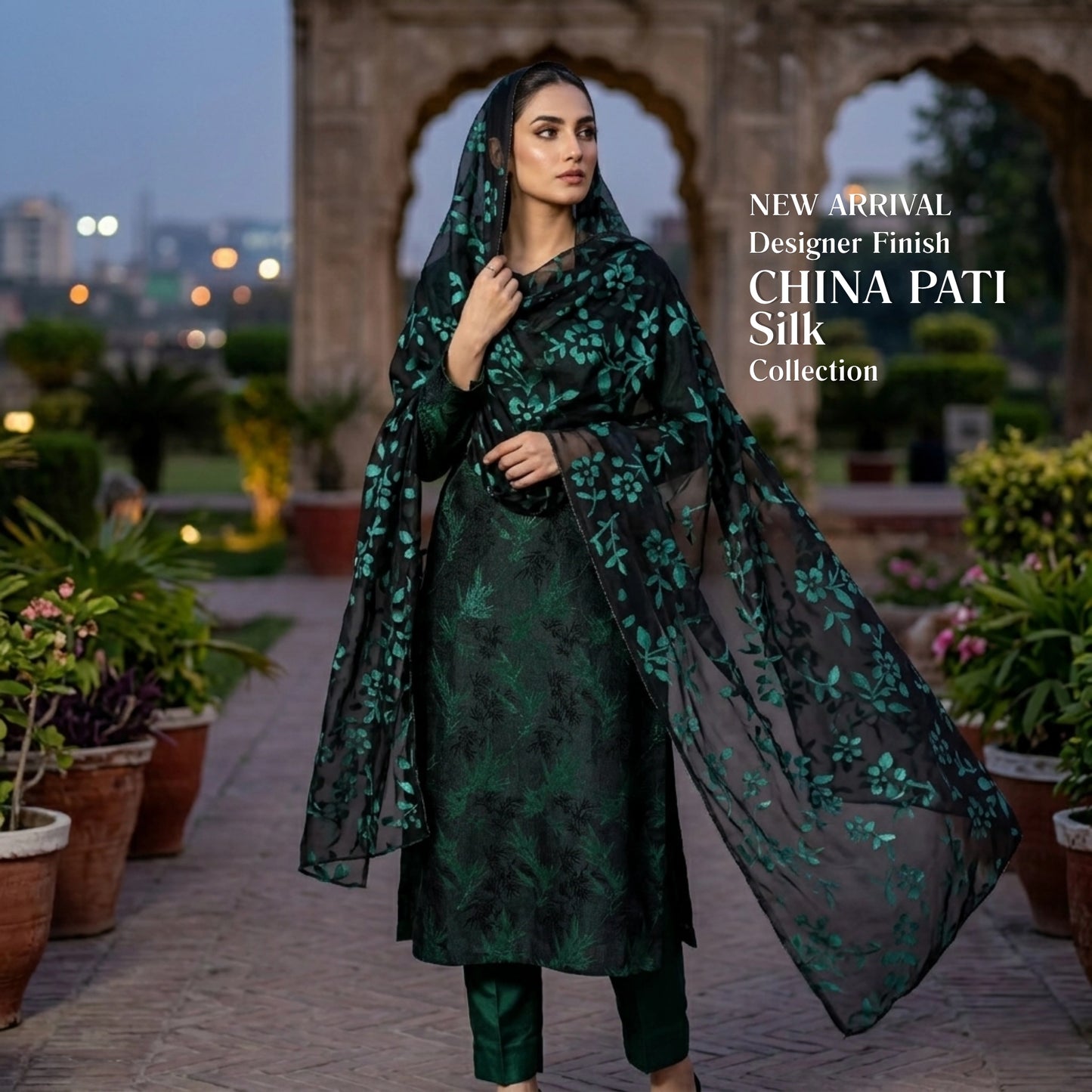 Black & Teal Floral Pure China Pati Silk 3 Piece Unstitched Suit