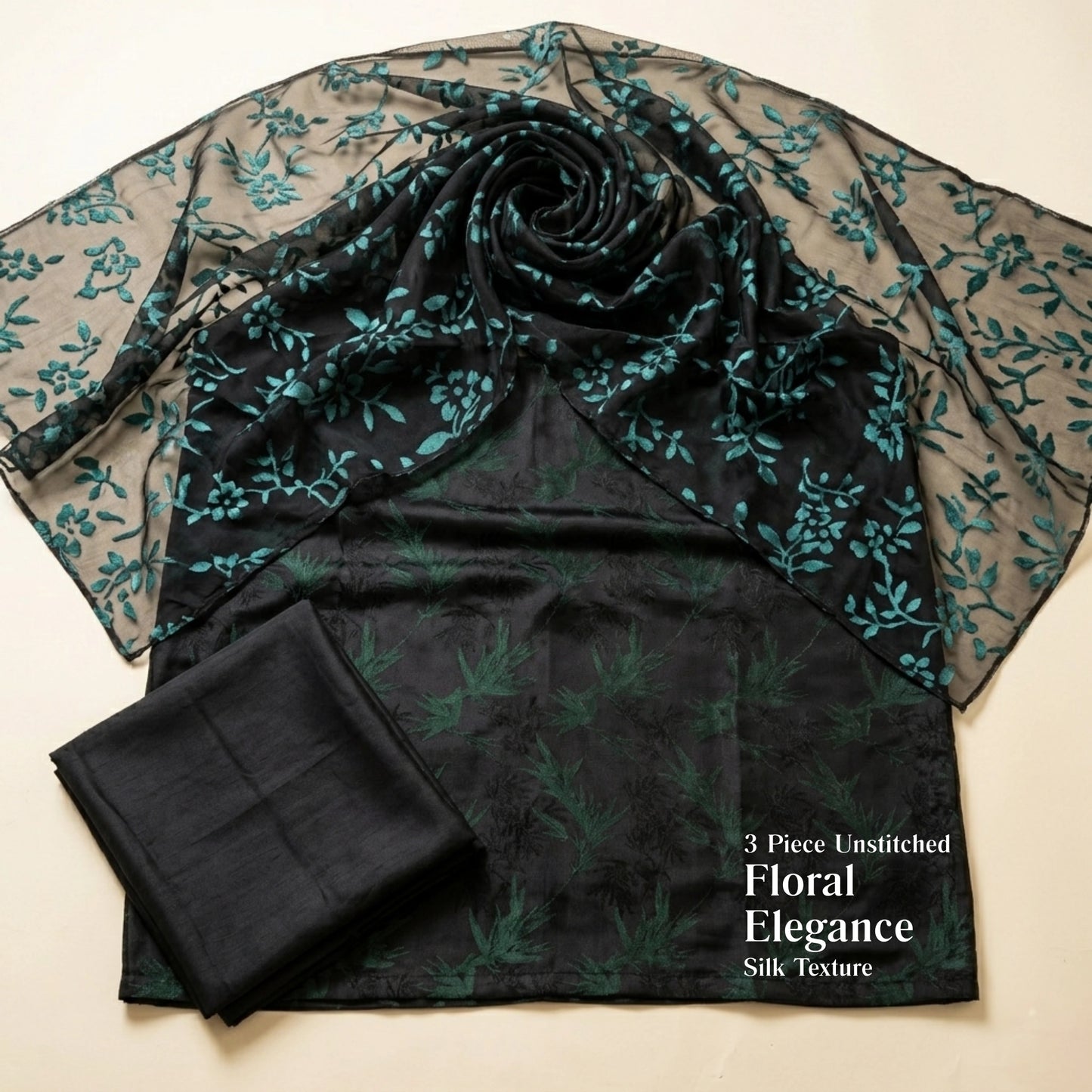 Black & Teal Floral Pure China Pati Silk 3 Piece Unstitched Suit