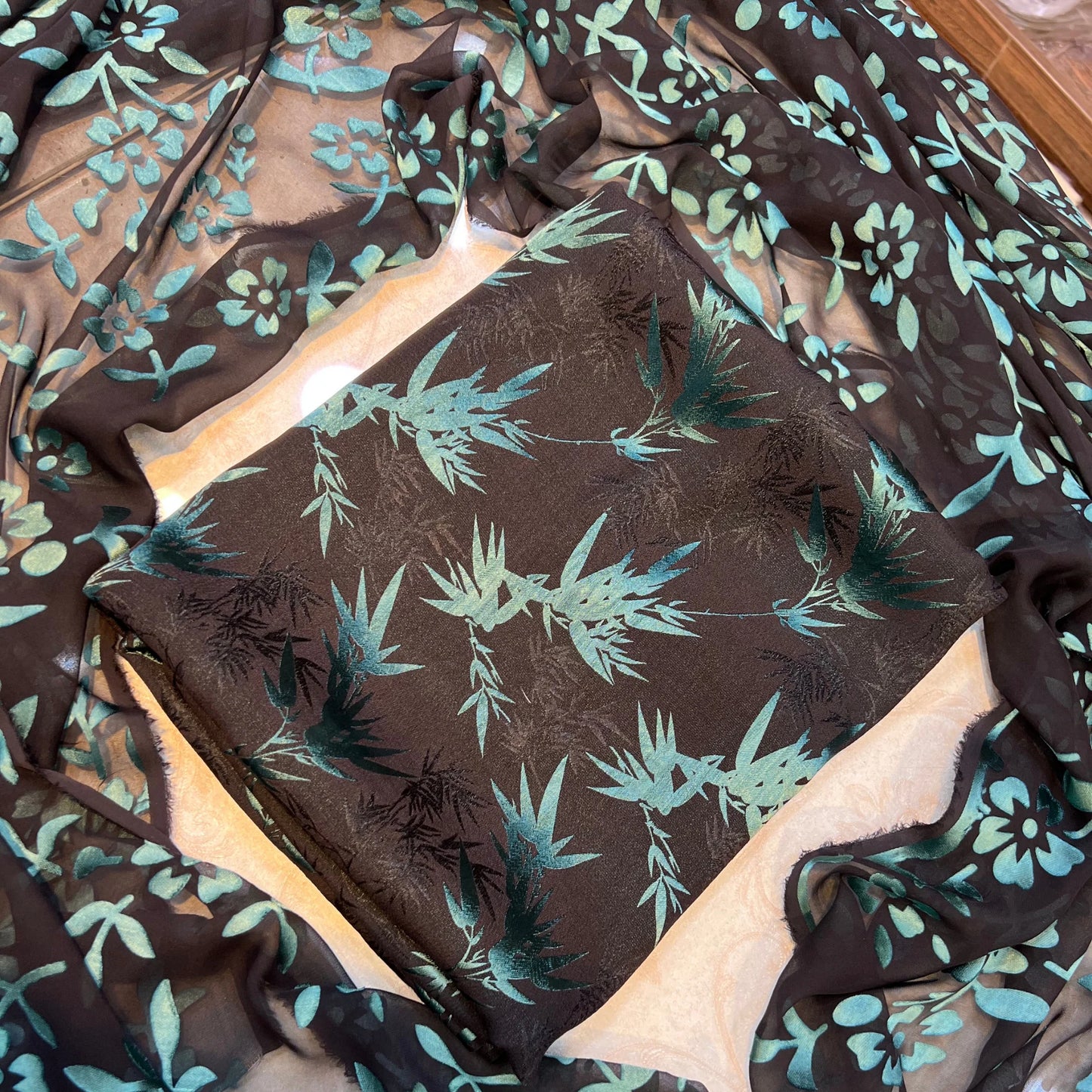 Black & Teal Floral Pure China Pati Silk 3 Piece Unstitched Suit