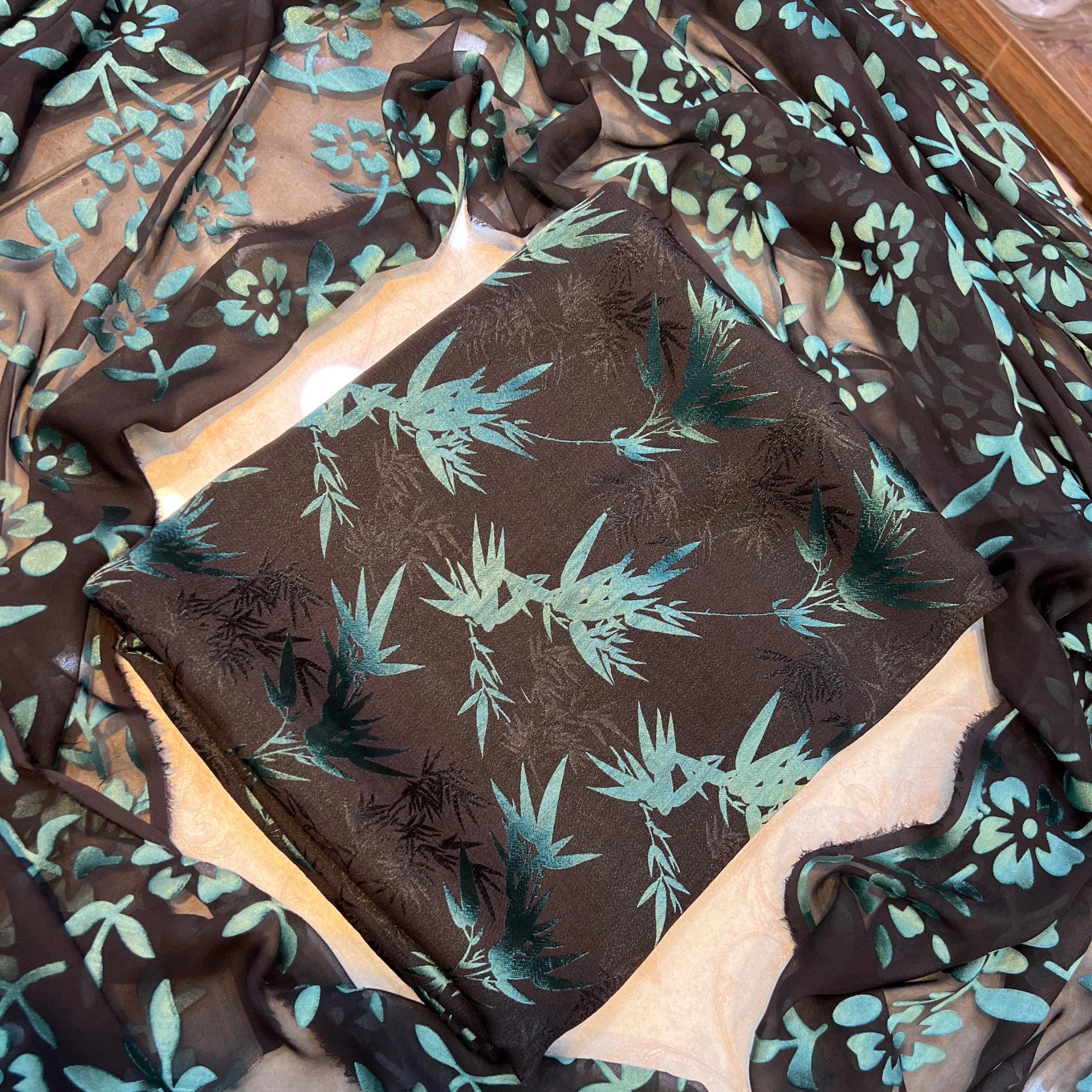 Black & Teal Floral Pure China Pati Silk 3 Piece Unstitched Suit