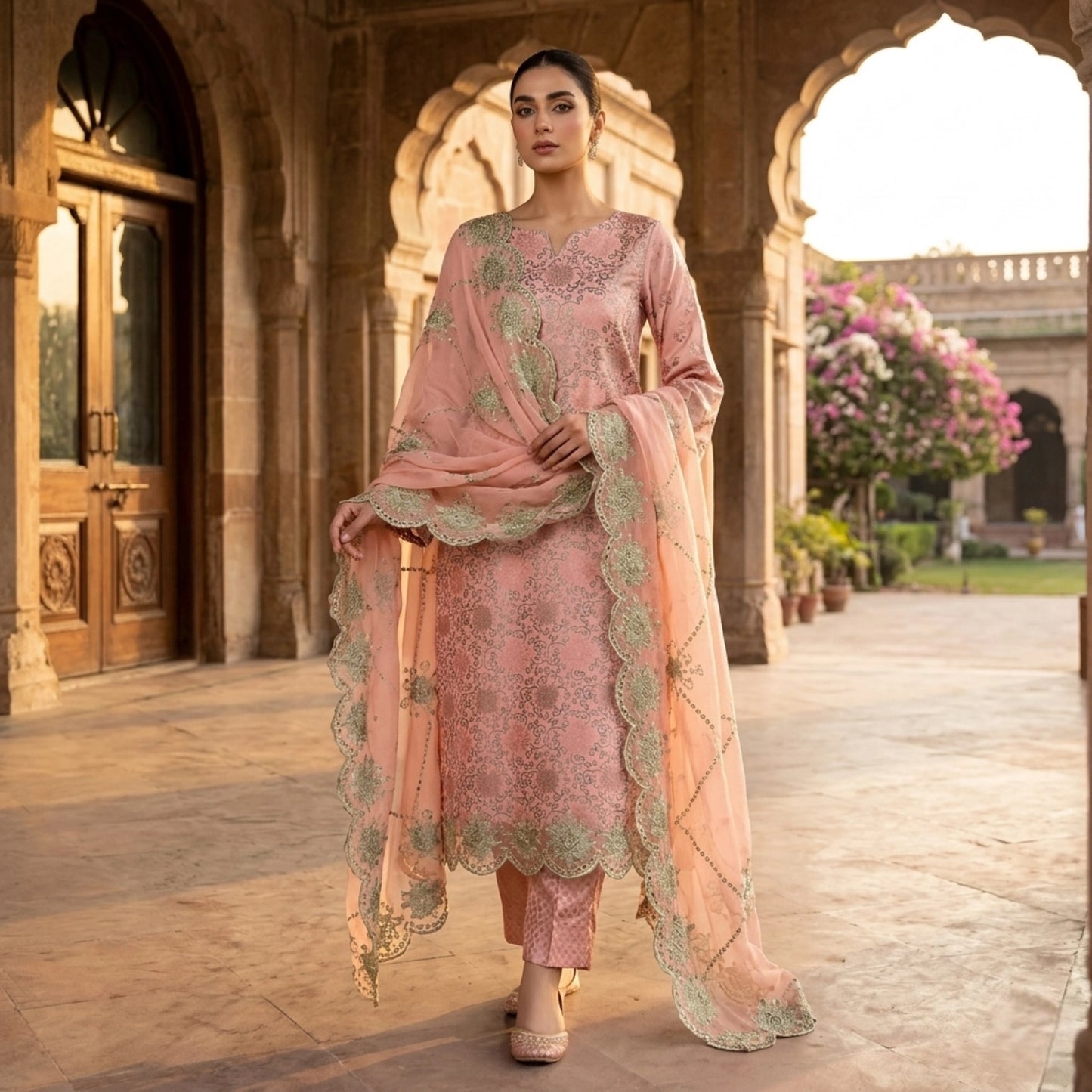Blush Pink China Pati Silk 3 Piece Unstitched Suit