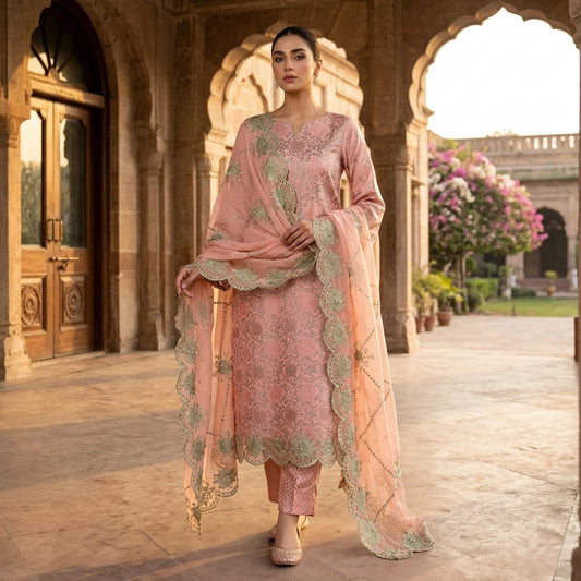 Blush Pink China Pati Silk 3 Piece Unstitched Suit