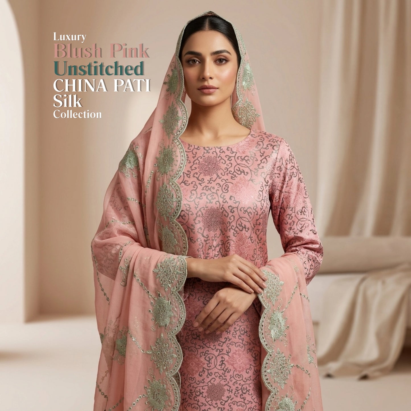 Blush Pink China Pati Silk 3 Piece Unstitched Suit