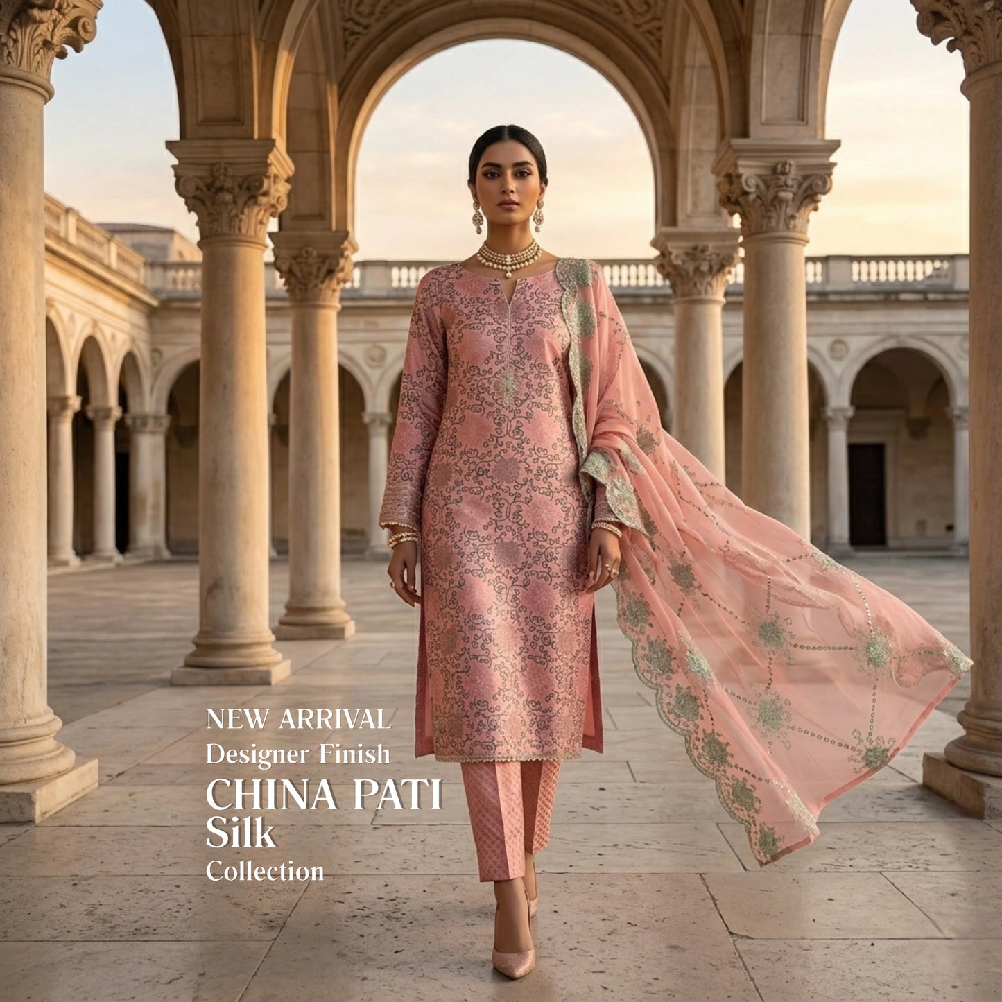 Blush Pink China Pati Silk 3 Piece Unstitched Suit