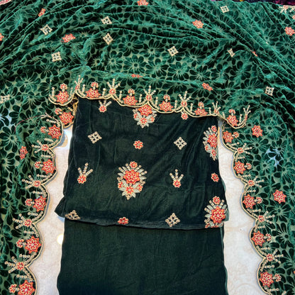 Emerald Green Embroidered Velvet 3 Piece Unstitched Suit