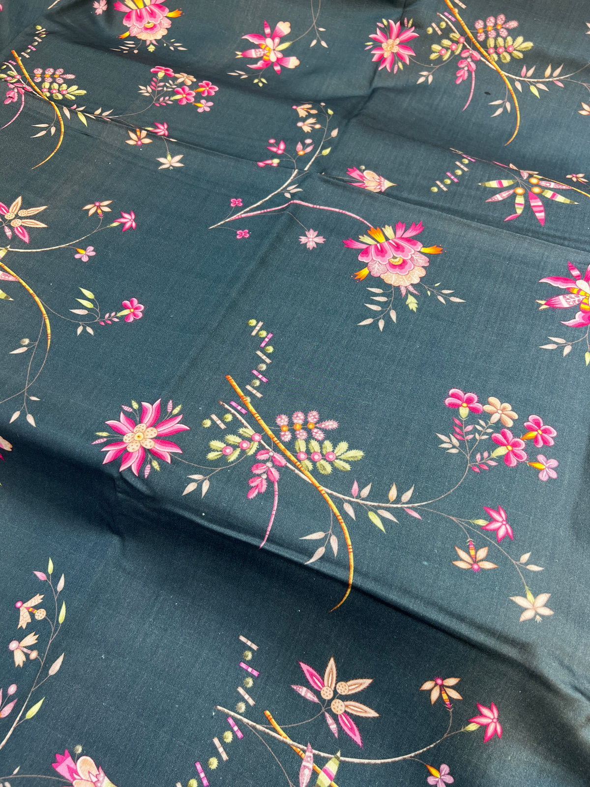 3 Piece Unstitched Printed Viscose Suit with Ribbon Wool Dupatta – Dark Teal Floral