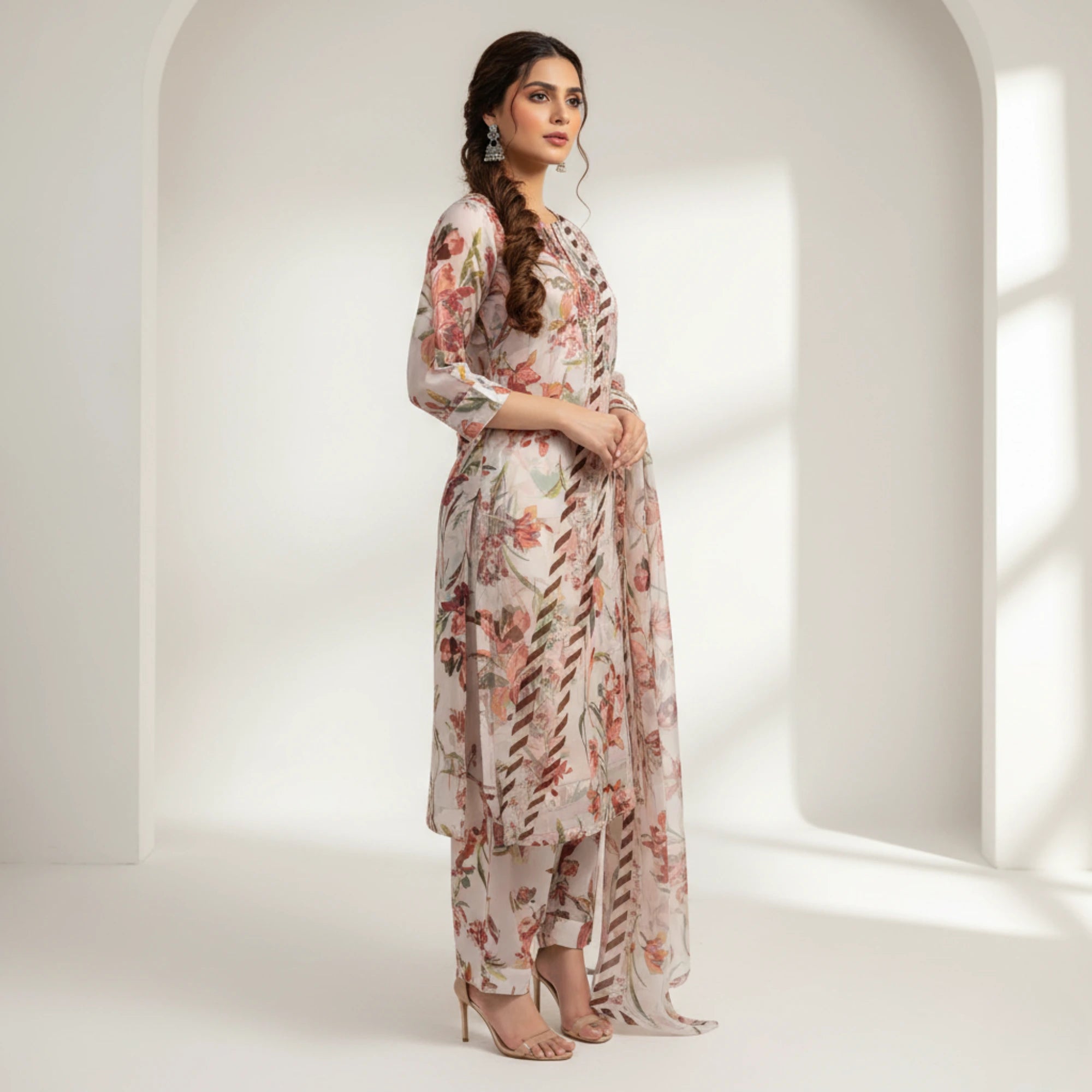 Barosha Silk Floral 3 Piece Unstitched Suit – Off White | Insaf