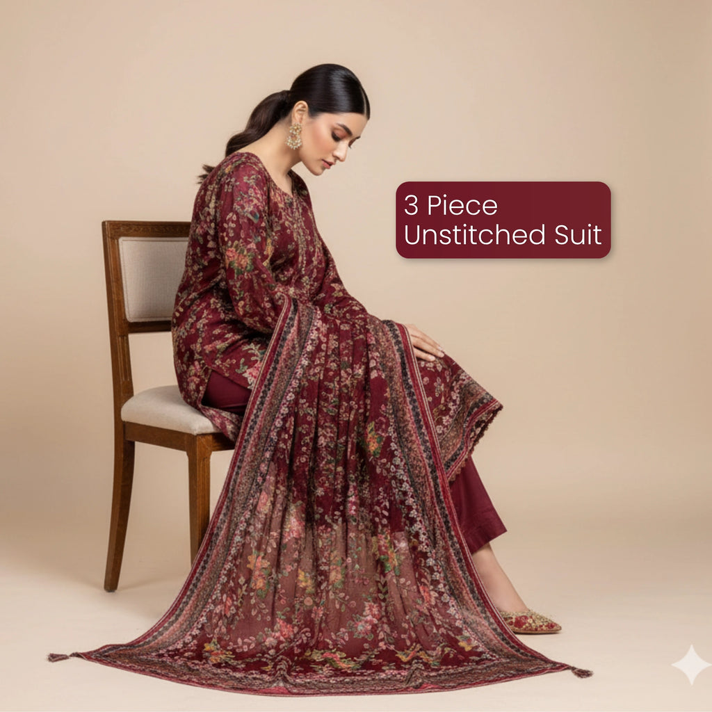 Maroon Palachi 3 Piece Unstitched Suit - Insaf Fabrics