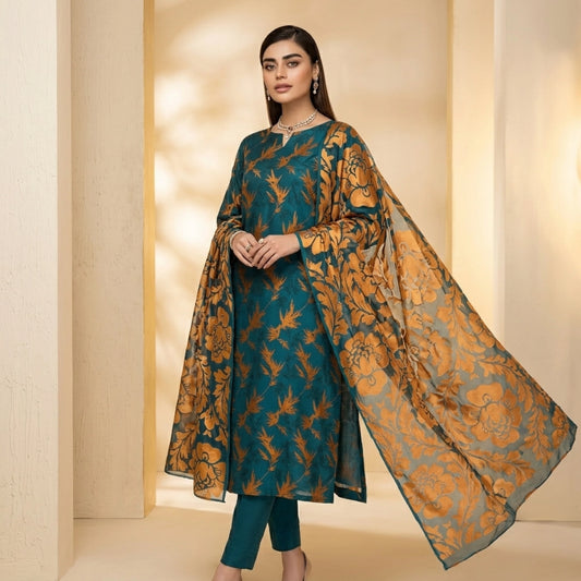 Teal Blue & Antique Gold Pure China Pati Silk 3 Piece Unstitched Suit