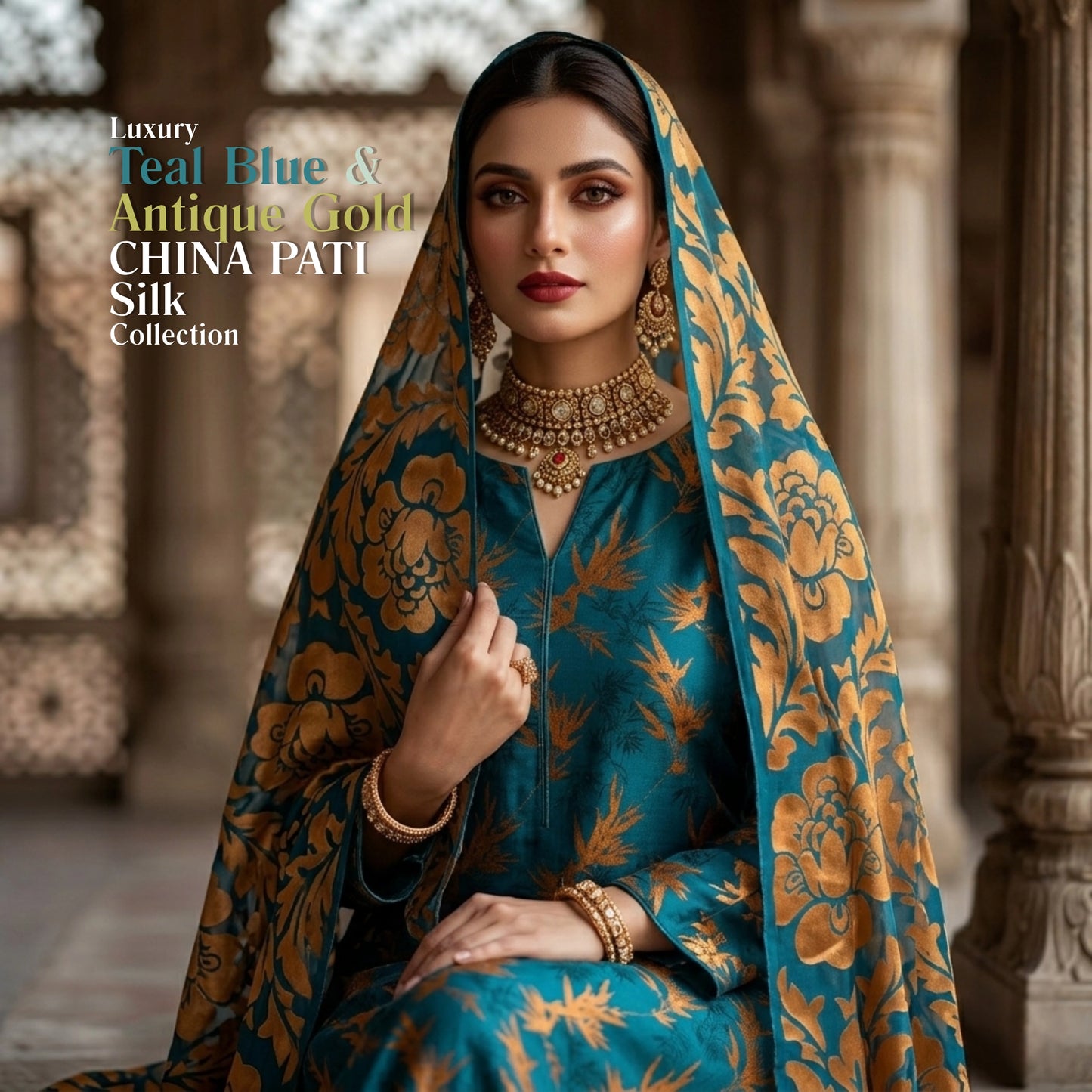 Teal Blue & Antique Gold Pure China Pati Silk 3 Piece Unstitched Suit