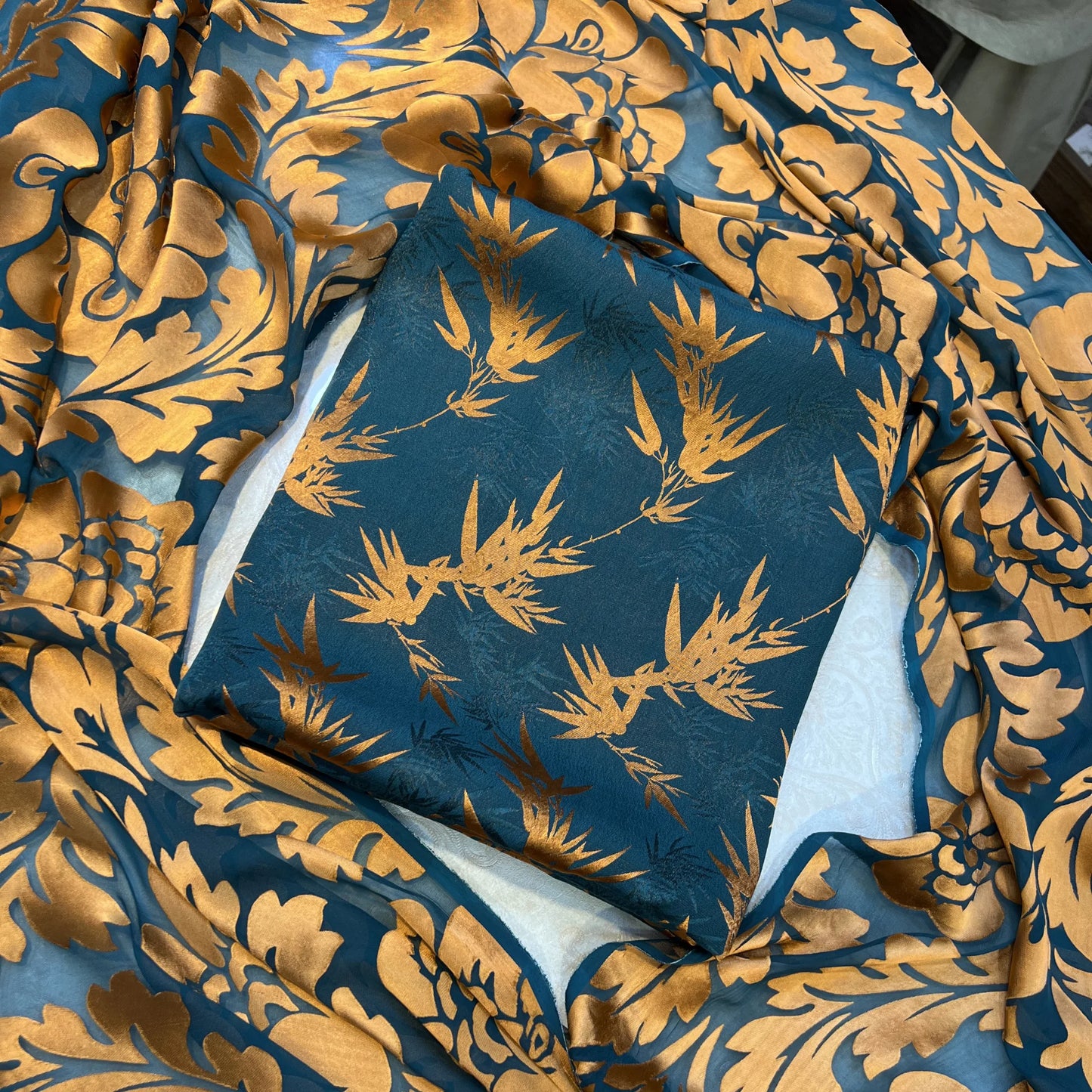 Teal Blue & Antique Gold Pure China Pati Silk 3 Piece Unstitched Suit