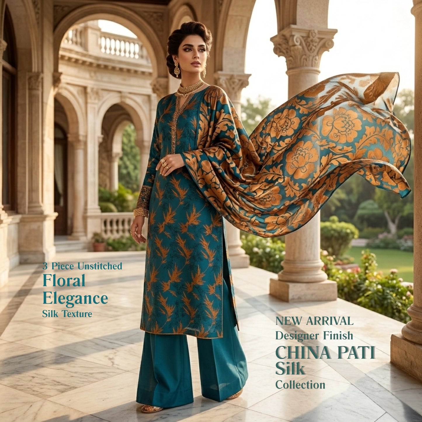 Teal Blue & Antique Gold Pure China Pati Silk 3 Piece Unstitched Suit