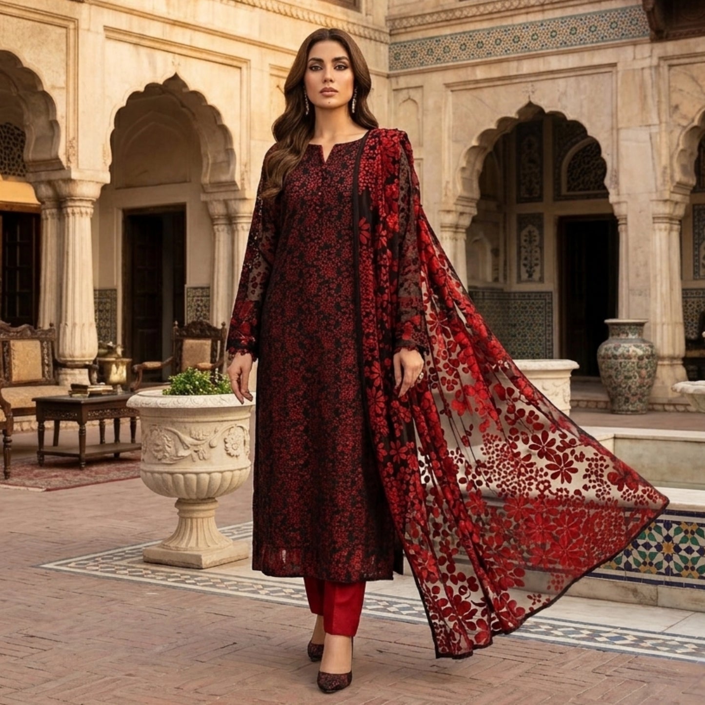 Crimson Noir Floral – 3 Piece Unstitched Pure China Pati Silk Suit