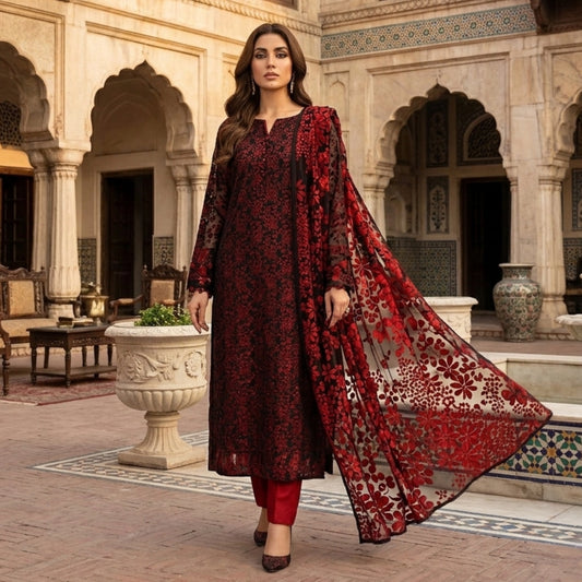 Crimson Noir Floral – 3 Piece Unstitched Pure China Pati Silk Suit
