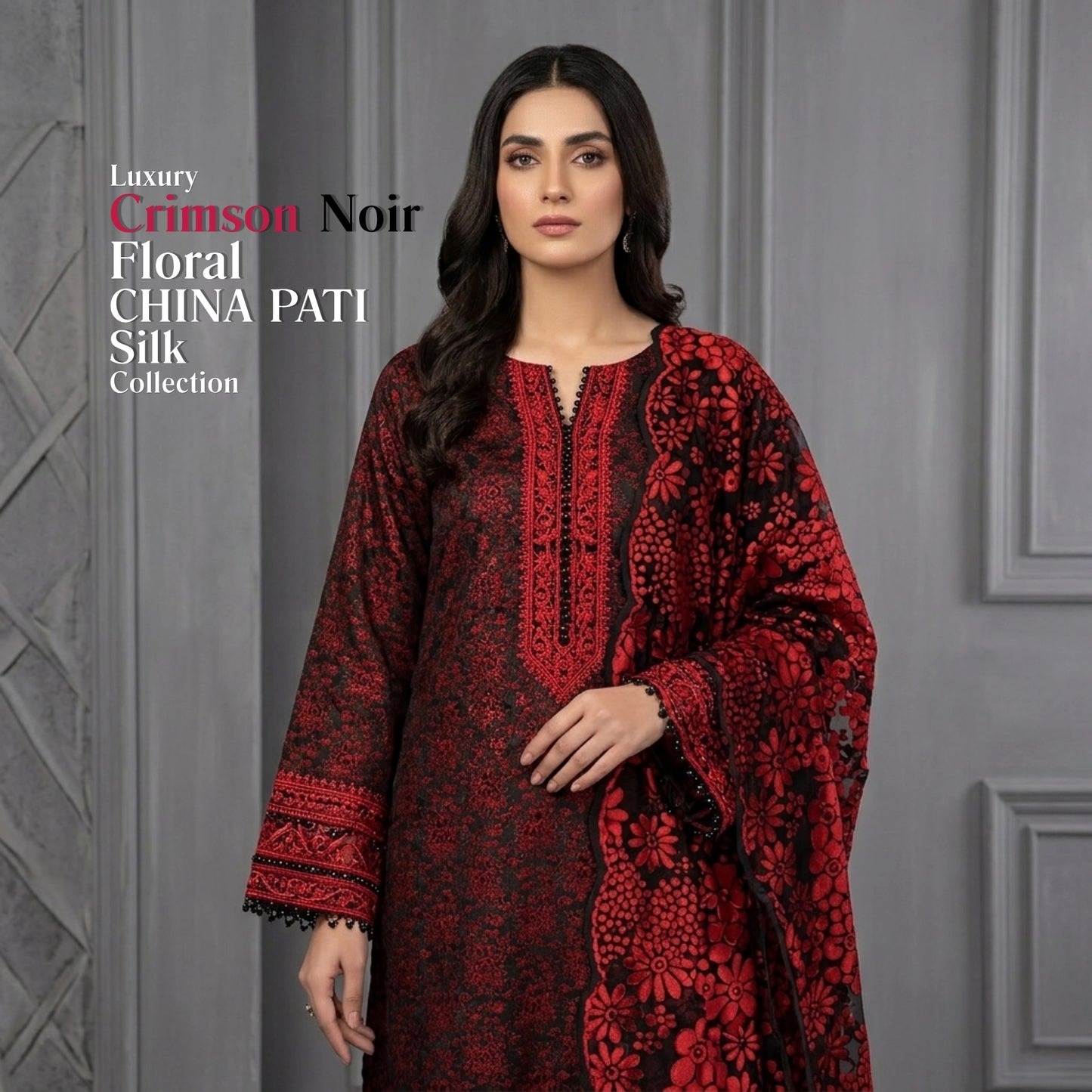 Crimson Noir Floral – 3 Piece Unstitched Pure China Pati Silk Suit