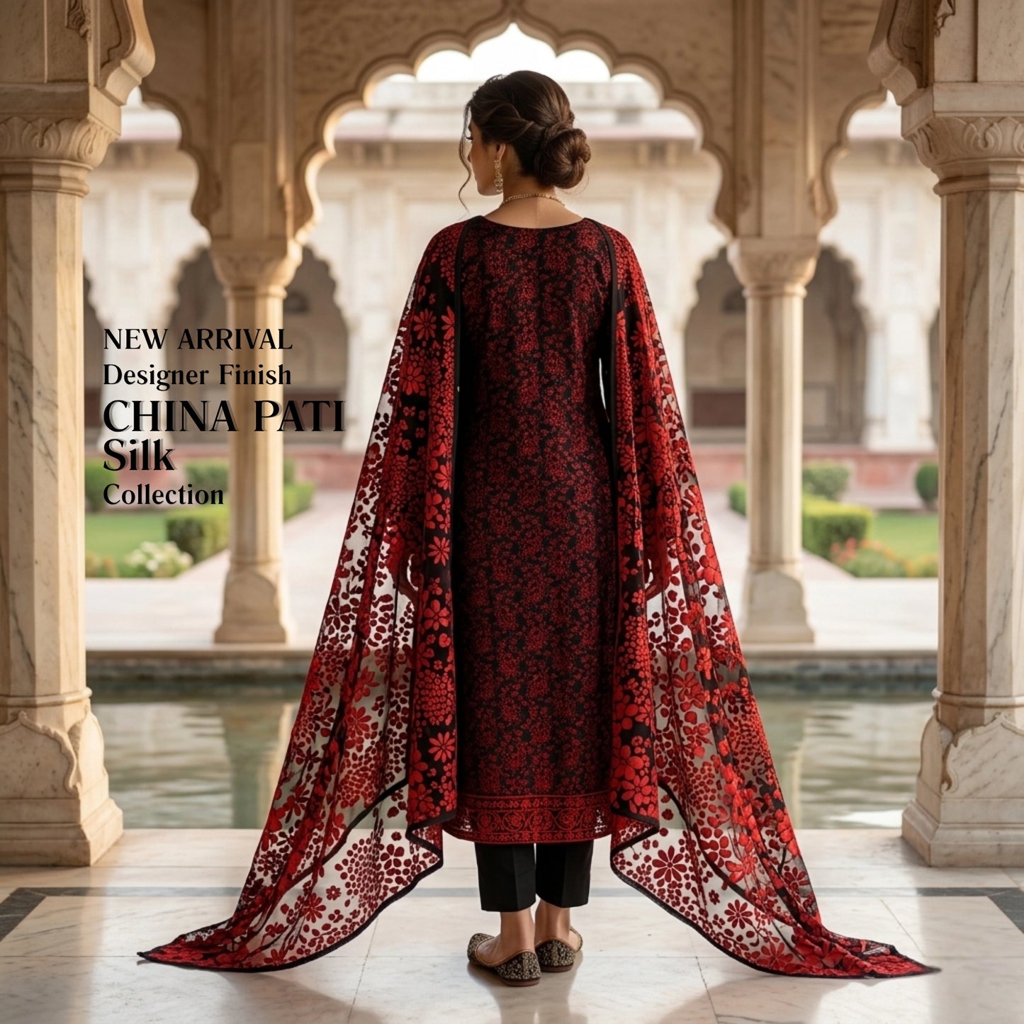 Crimson Noir Floral – 3 Piece Unstitched Pure China Pati Silk Suit